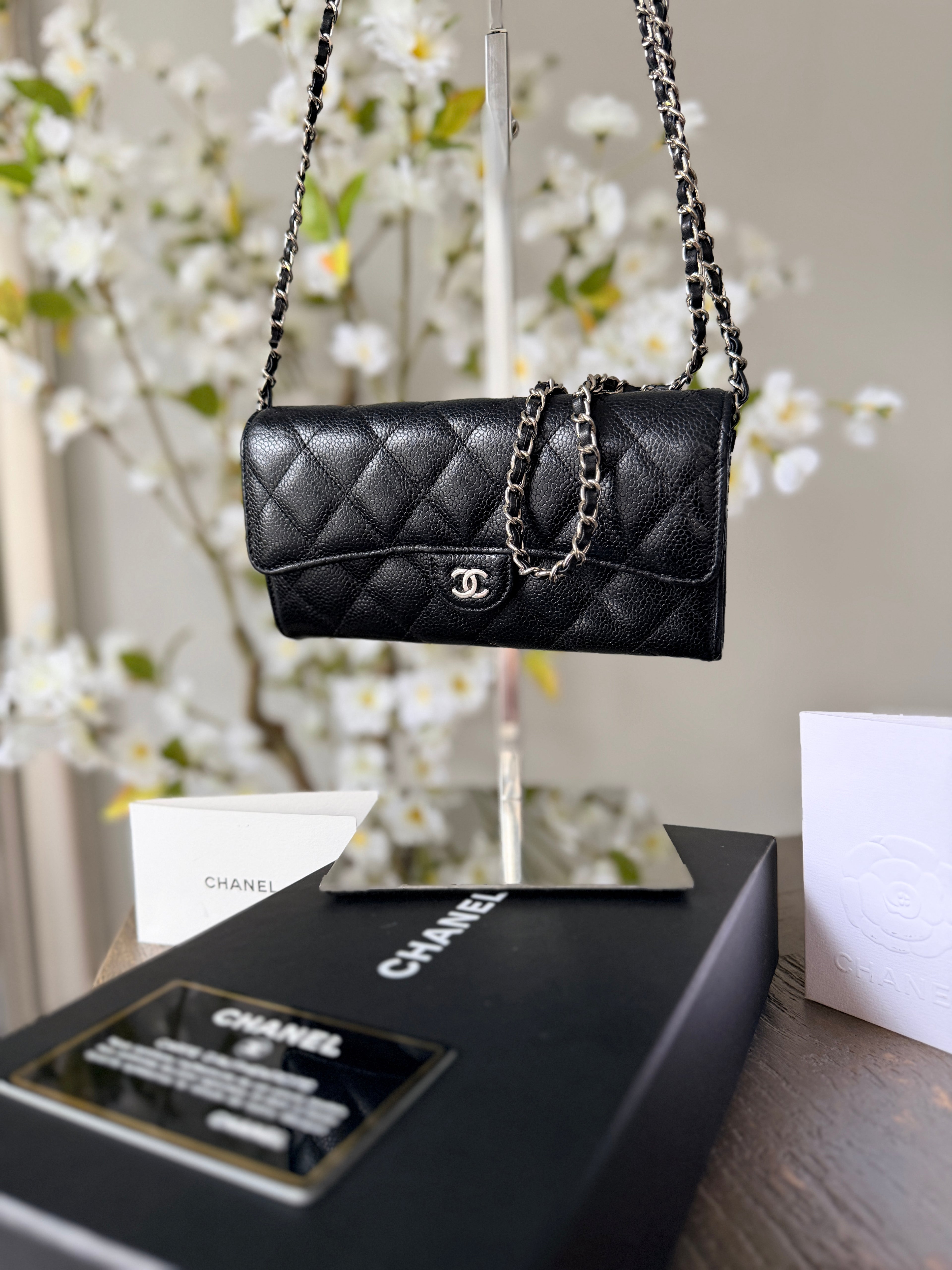Chanel Long Wallet Black Caviar Leather Silver Hardware