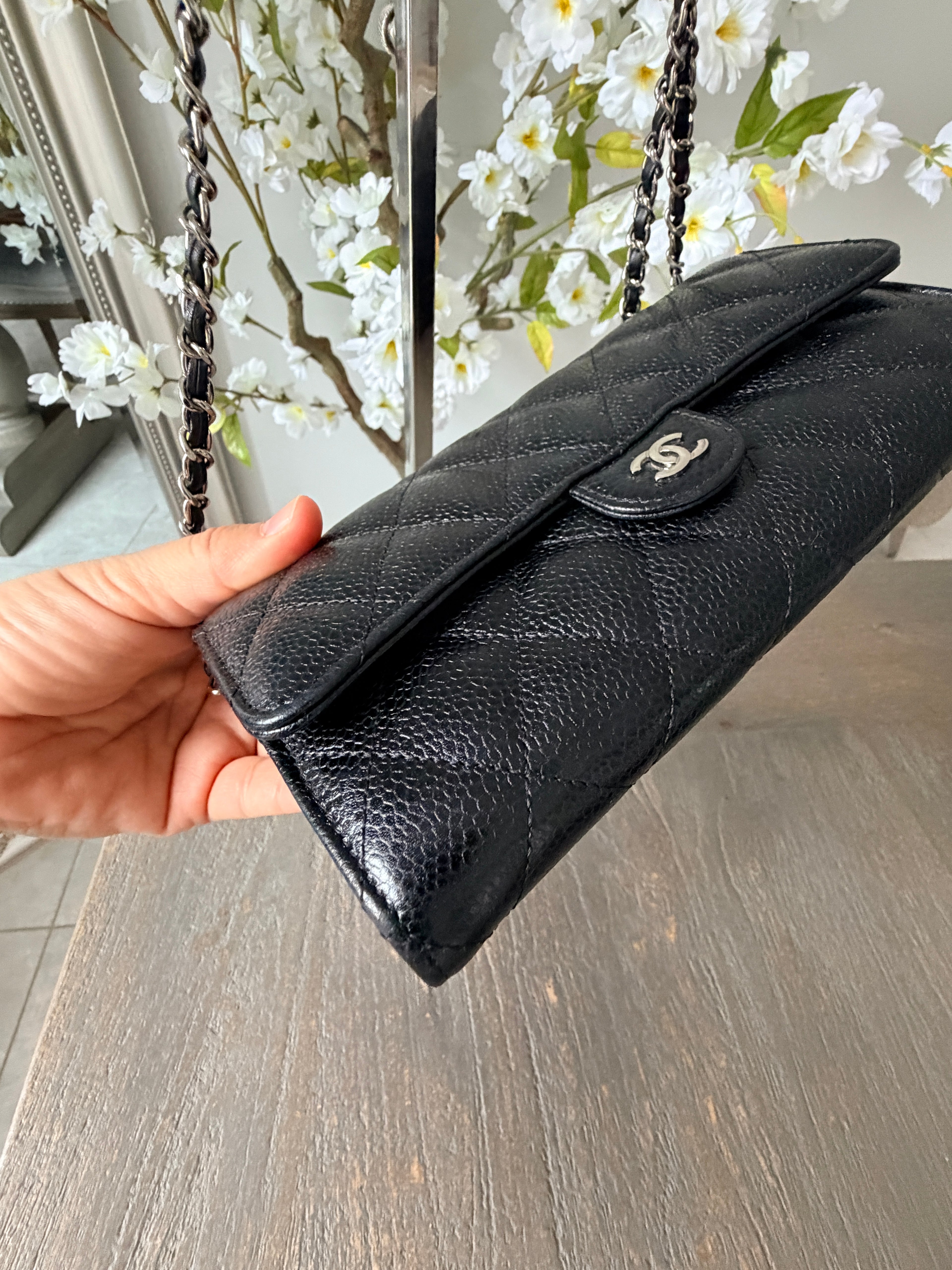 Chanel Long Wallet Black Caviar Leather Silver Hardware