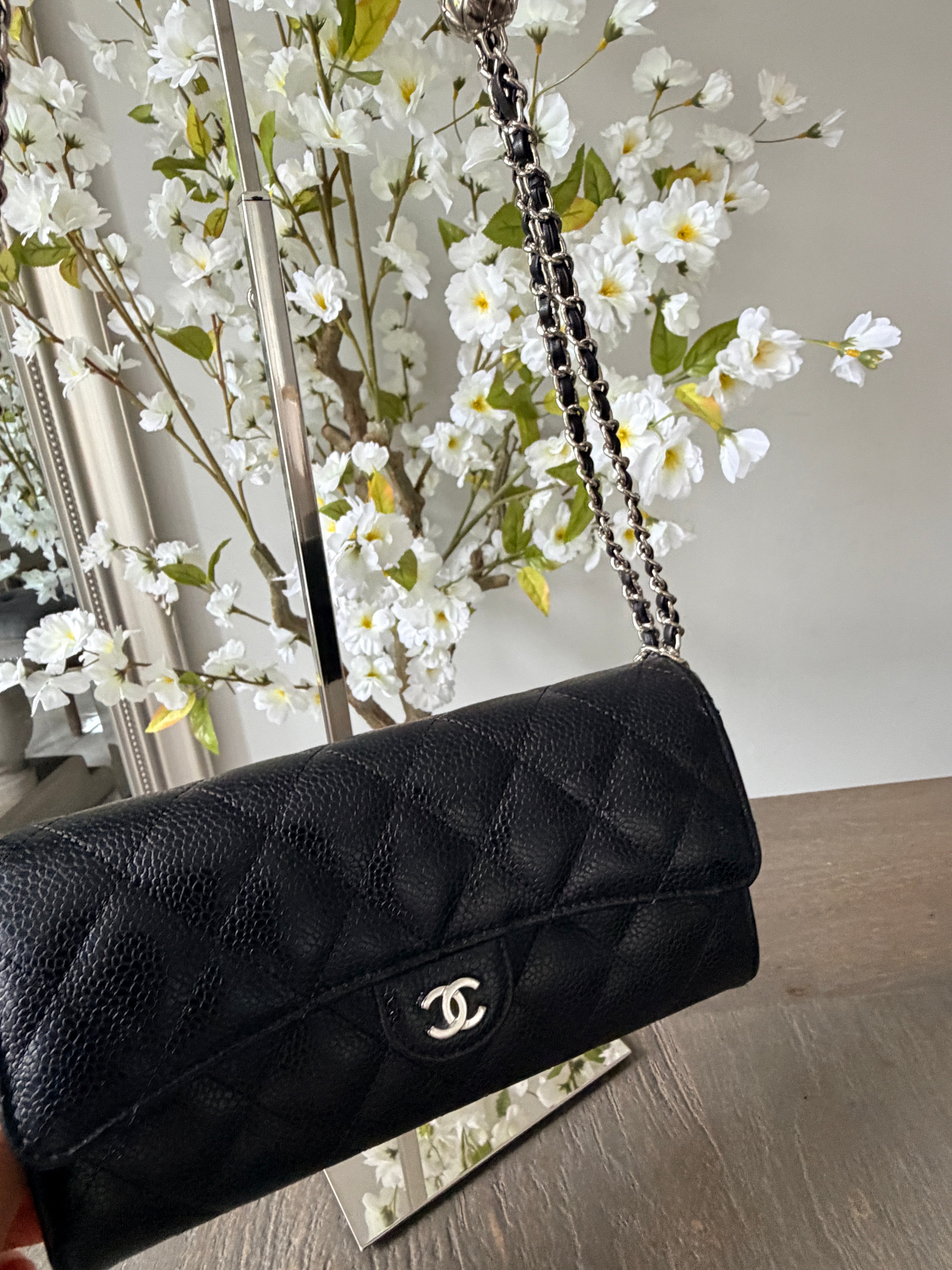 Chanel Long Wallet Black Caviar Leather Silver Hardware