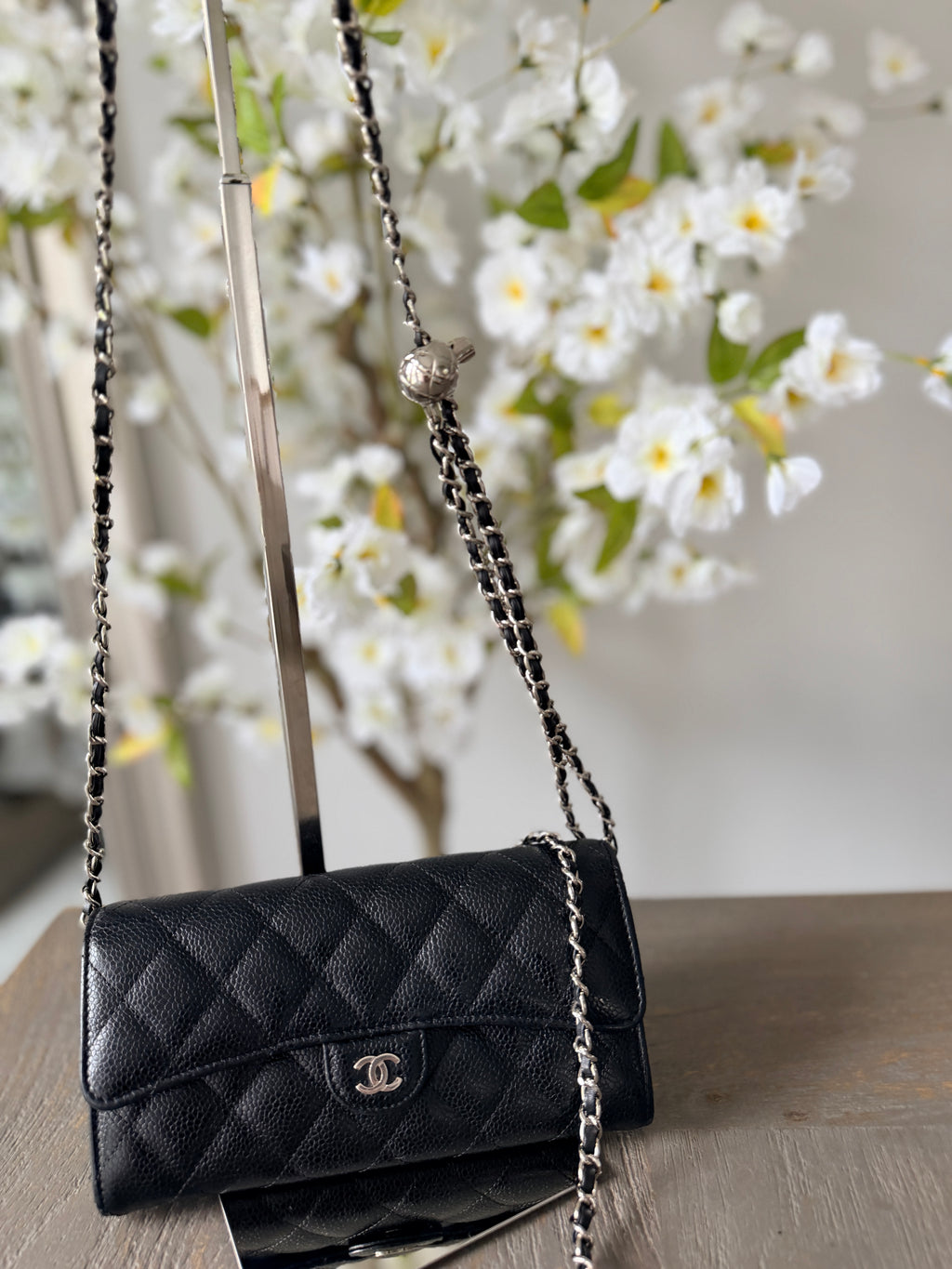 Chanel Long Wallet Black Caviar Leather Silver Hardware