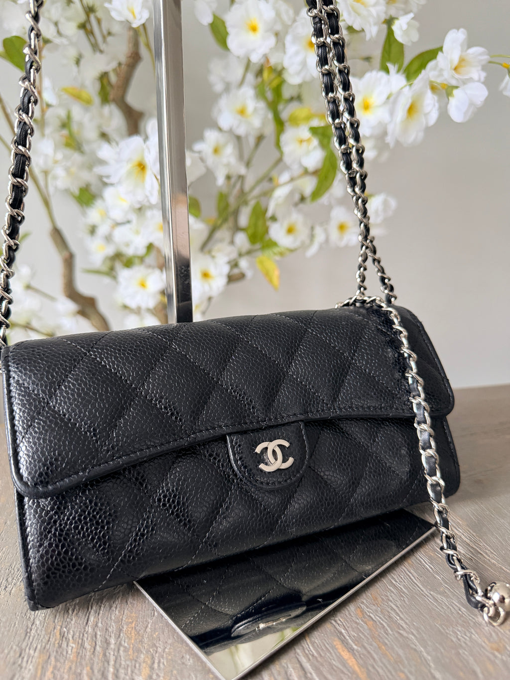 Chanel Long Wallet Black Caviar Leather Silver Hardware