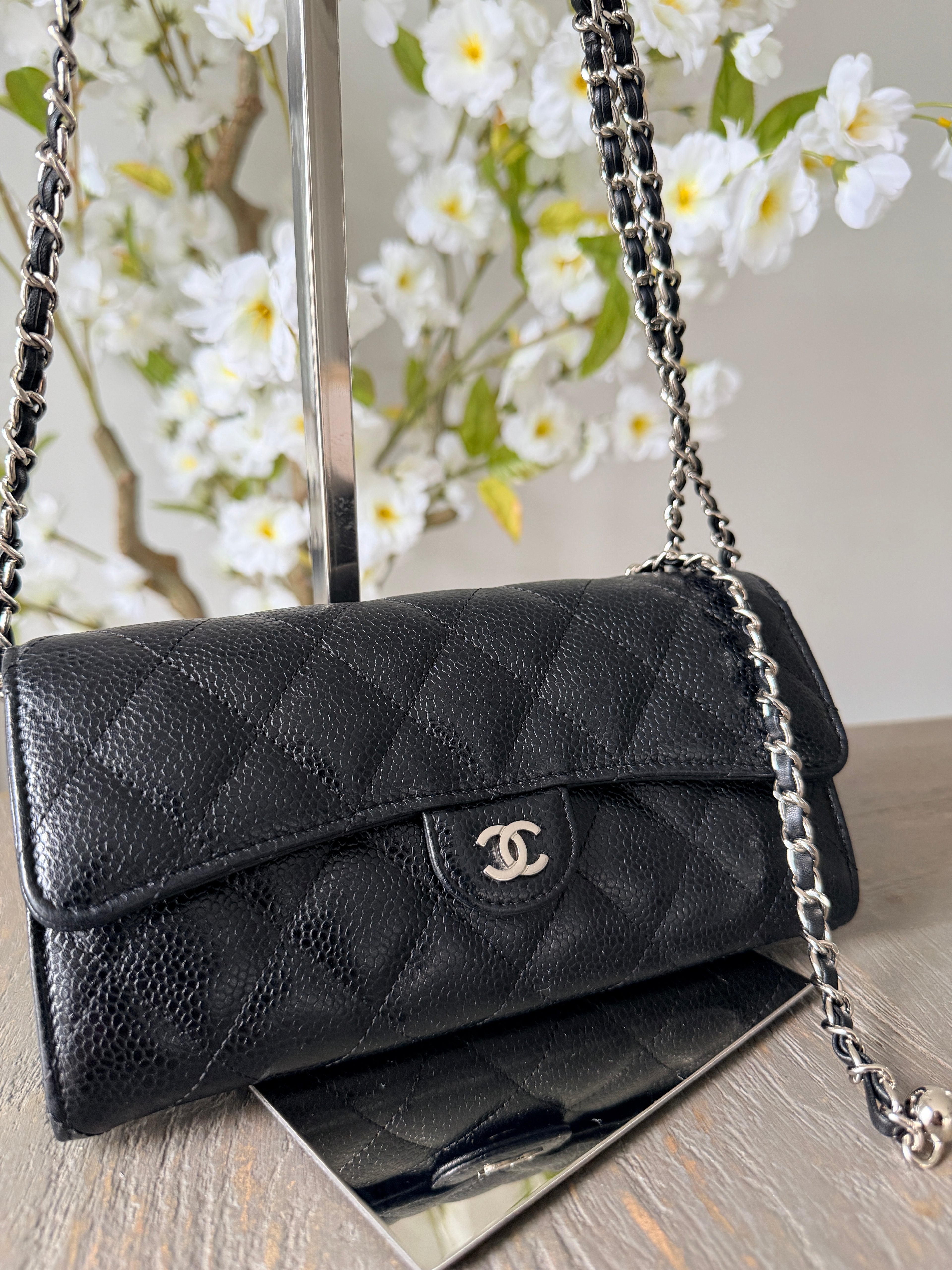 Chanel Long Wallet Black Caviar Leather Silver Hardware