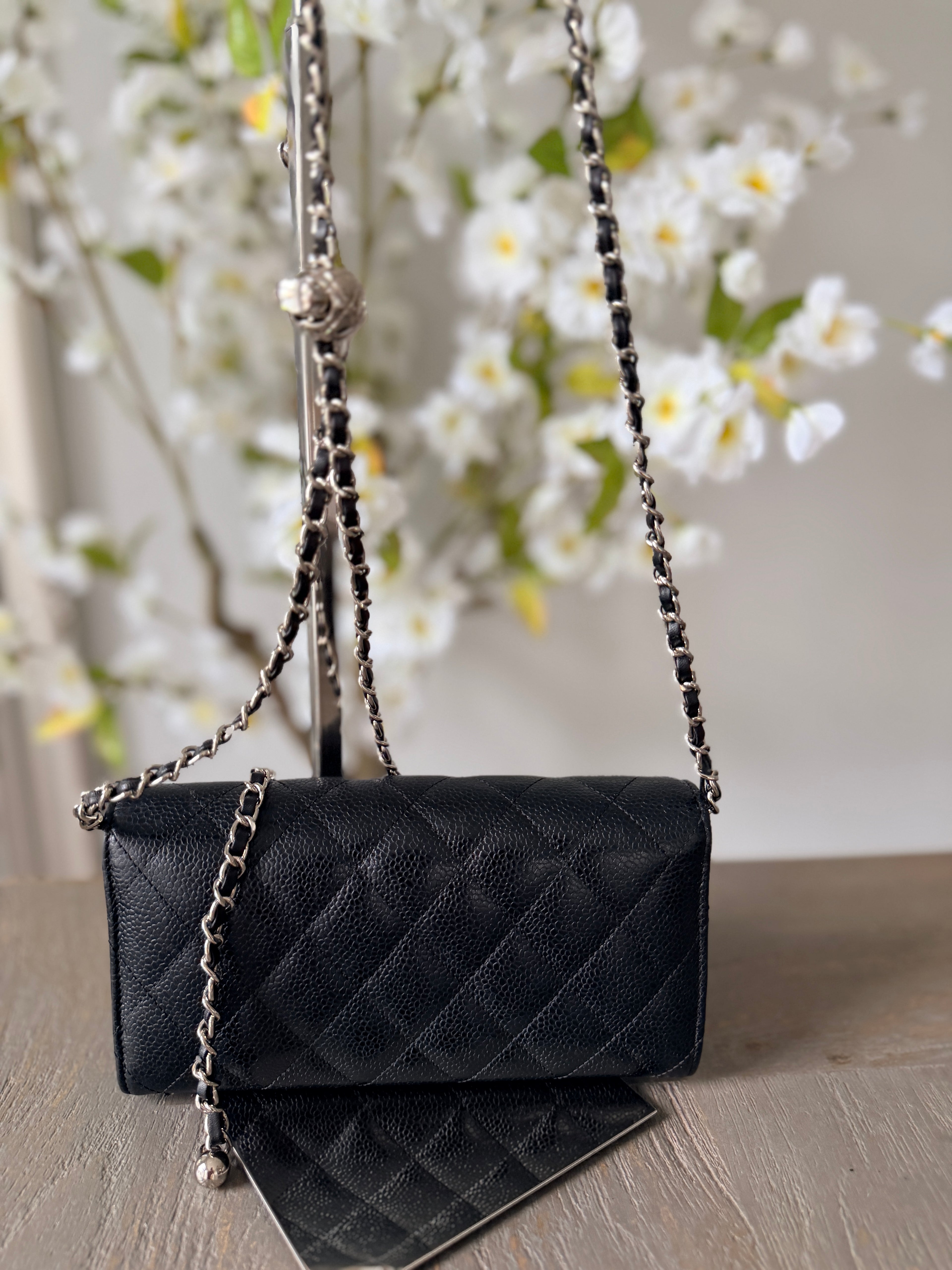 Chanel Long Wallet Black Caviar Leather Silver Hardware