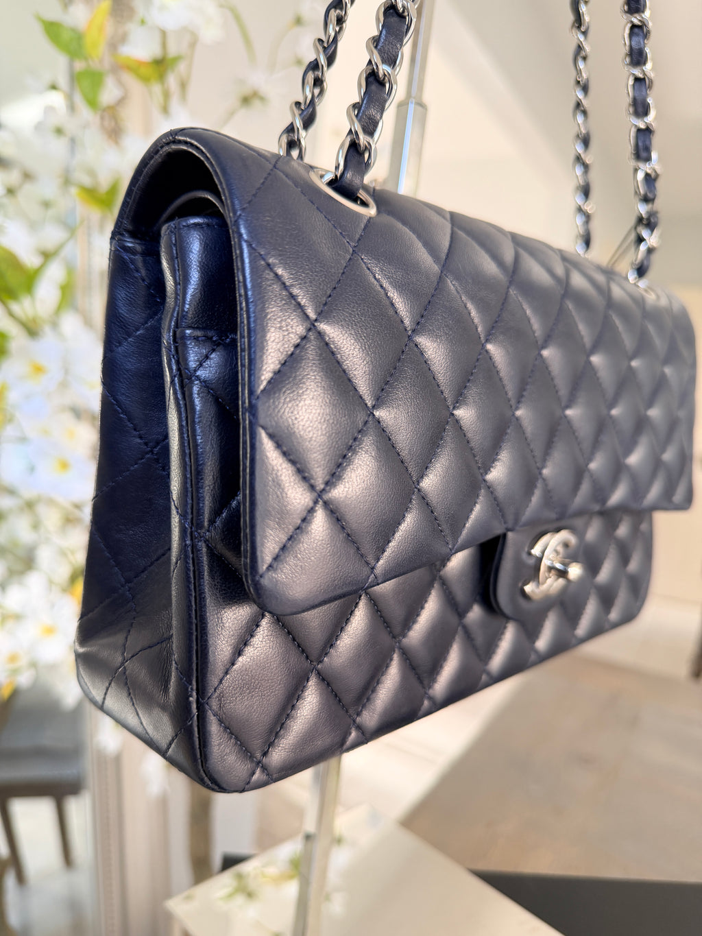 Chanel Medium Double Flap Bag Navy Lambskin Leather Silver Hardware