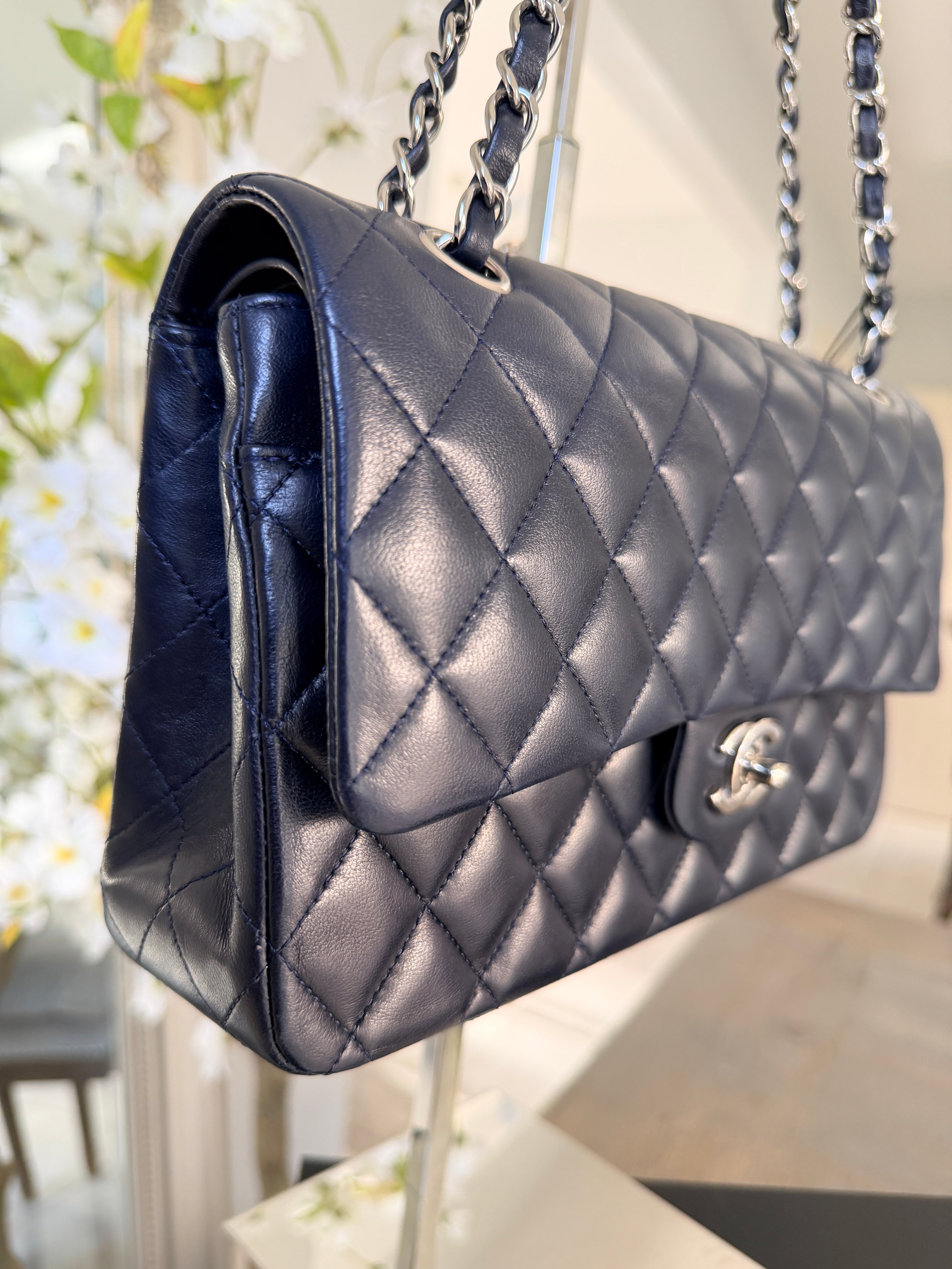 Chanel Medium Double Flap Bag Navy Lambskin Leather Silver Hardware