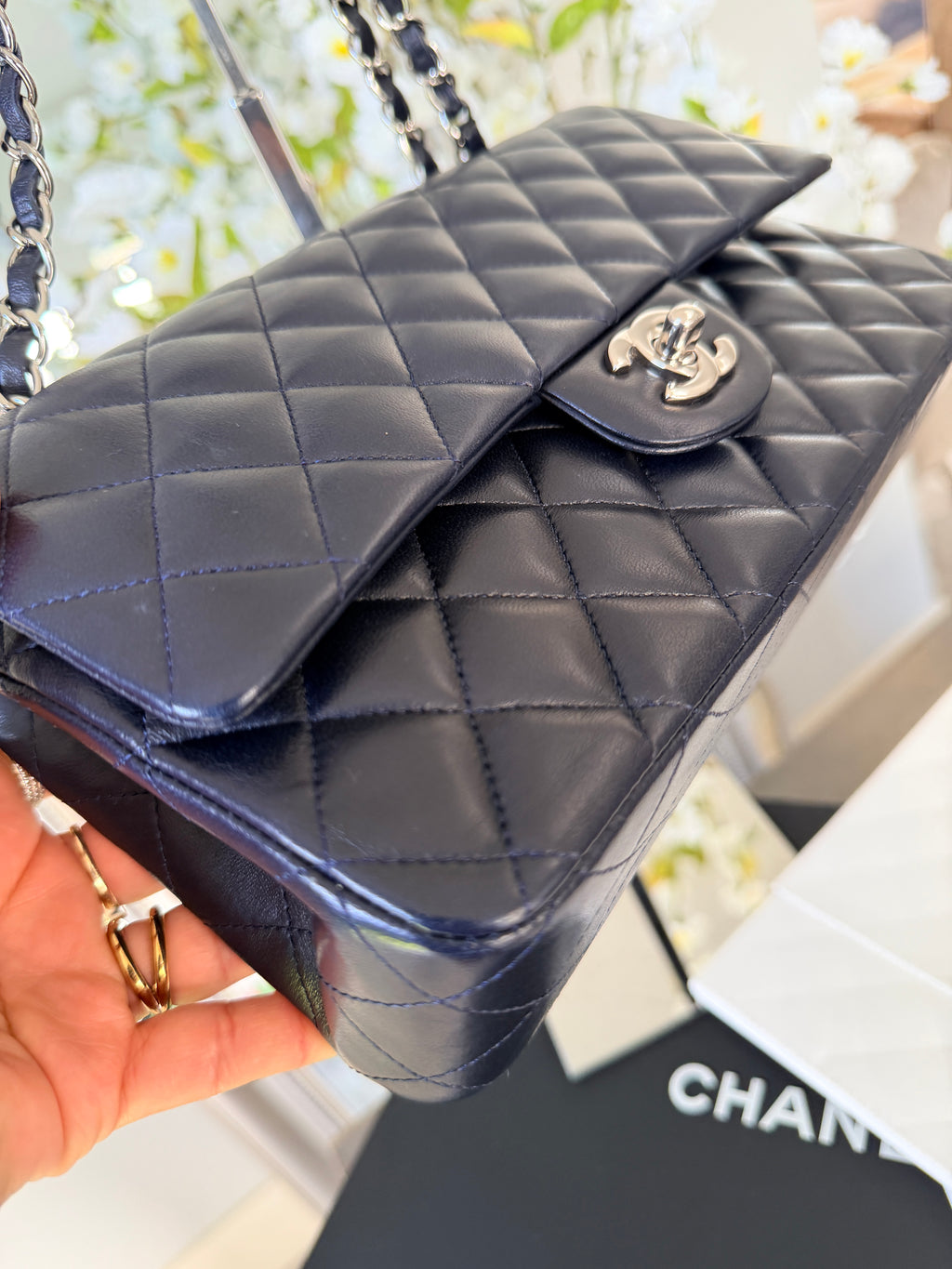 Chanel Medium Double Flap Bag Navy Lambskin Leather Silver Hardware