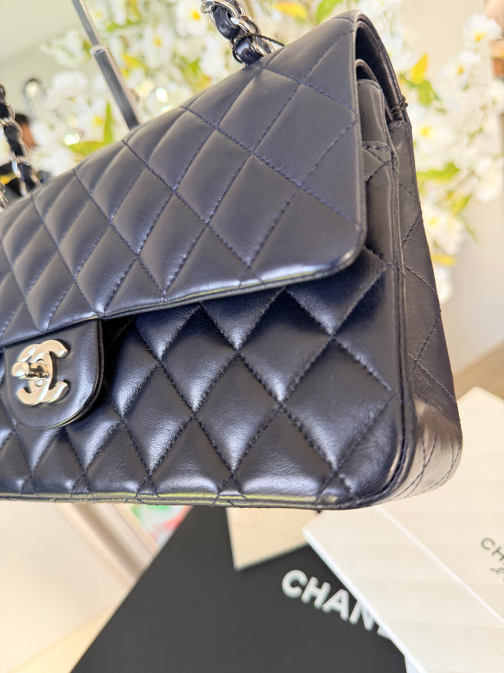 Chanel Medium Double Flap Bag Navy Lambskin Leather Silver Hardware