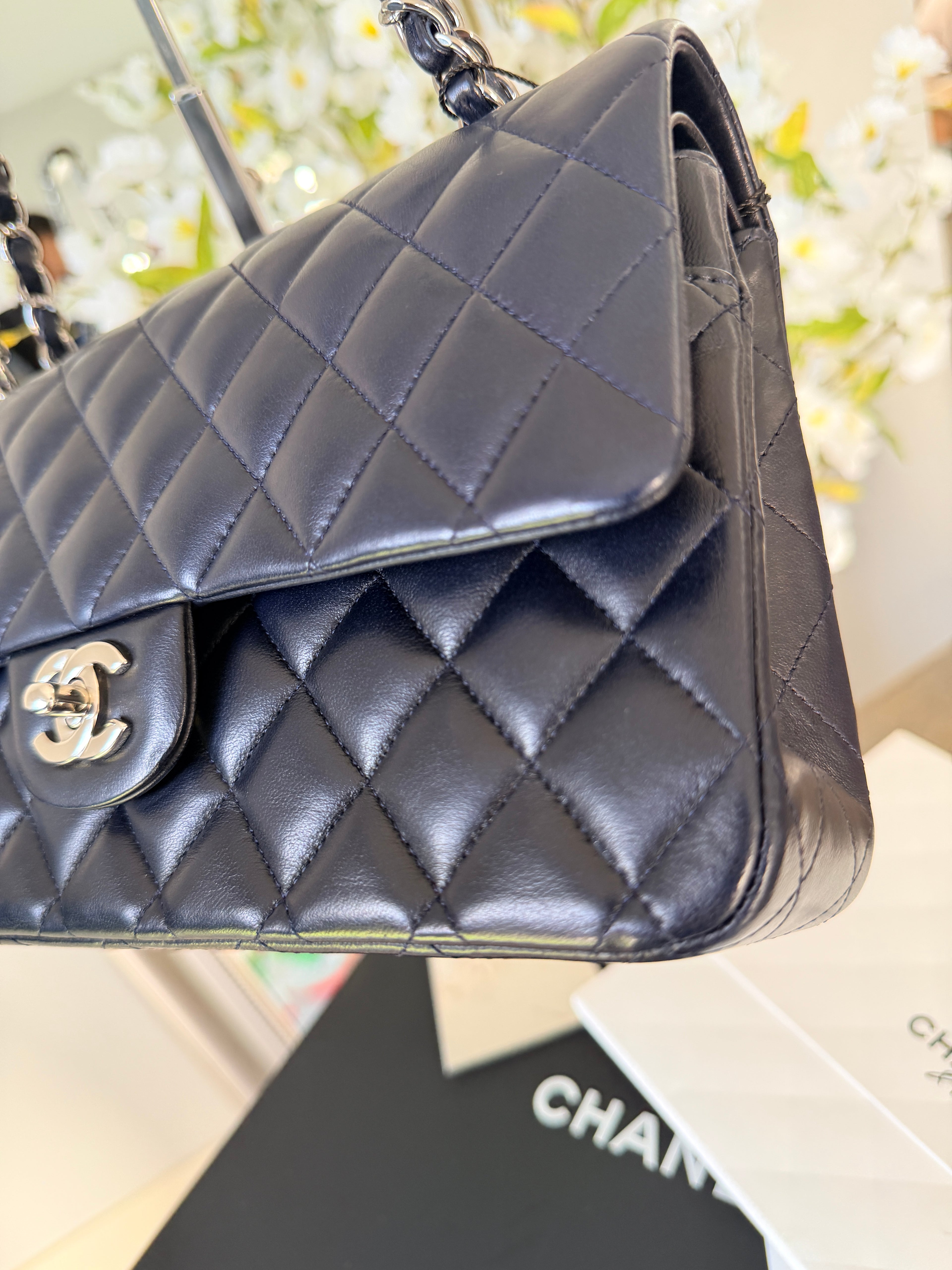 Chanel Medium Double Flap Bag Navy Lambskin Leather Silver Hardware