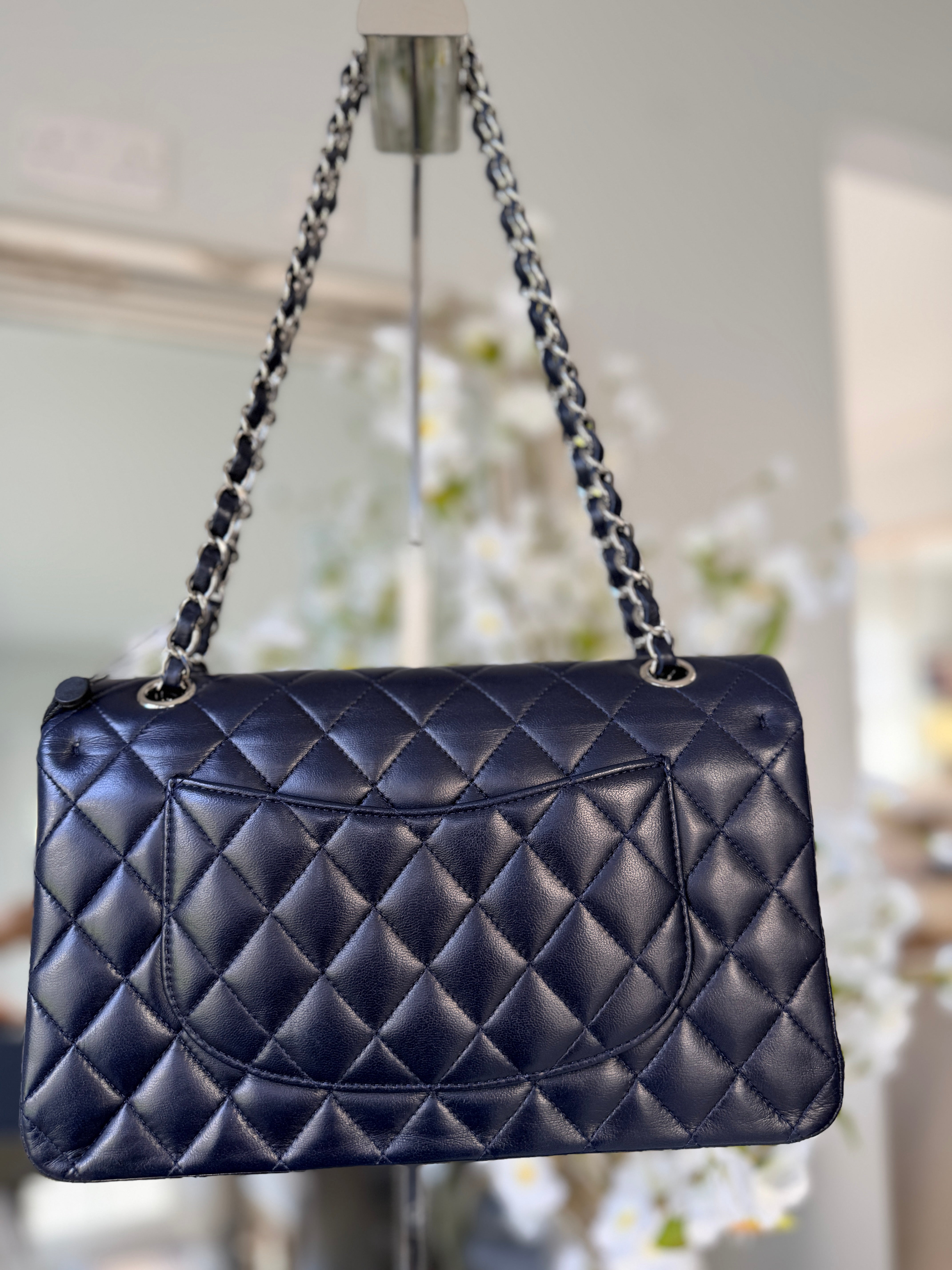 Chanel Medium Double Flap Bag Navy Lambskin Leather Silver