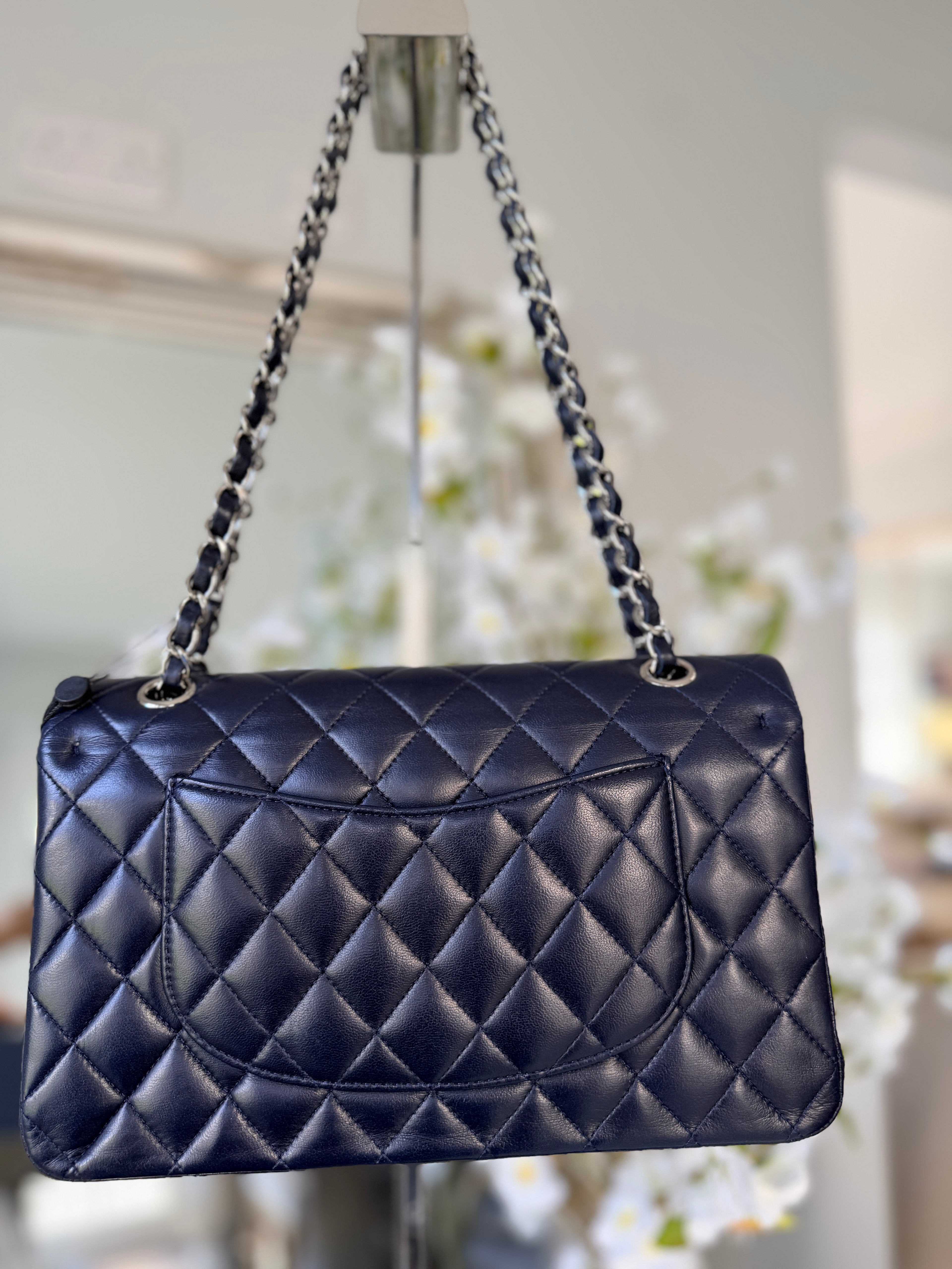 Chanel Medium Double Flap Bag Navy Lambskin Leather Silver Hardware