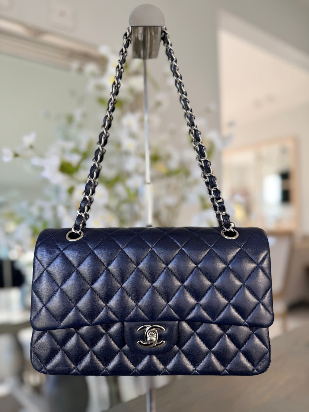 Chanel Medium Double Flap Bag Navy Lambskin Leather Silver Hardware
