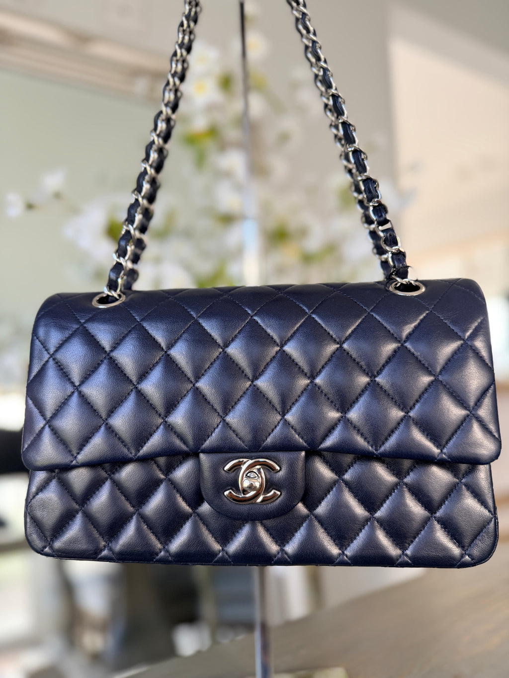 Chanel Medium Double Flap Bag Navy Lambskin Leather Silver Hardware