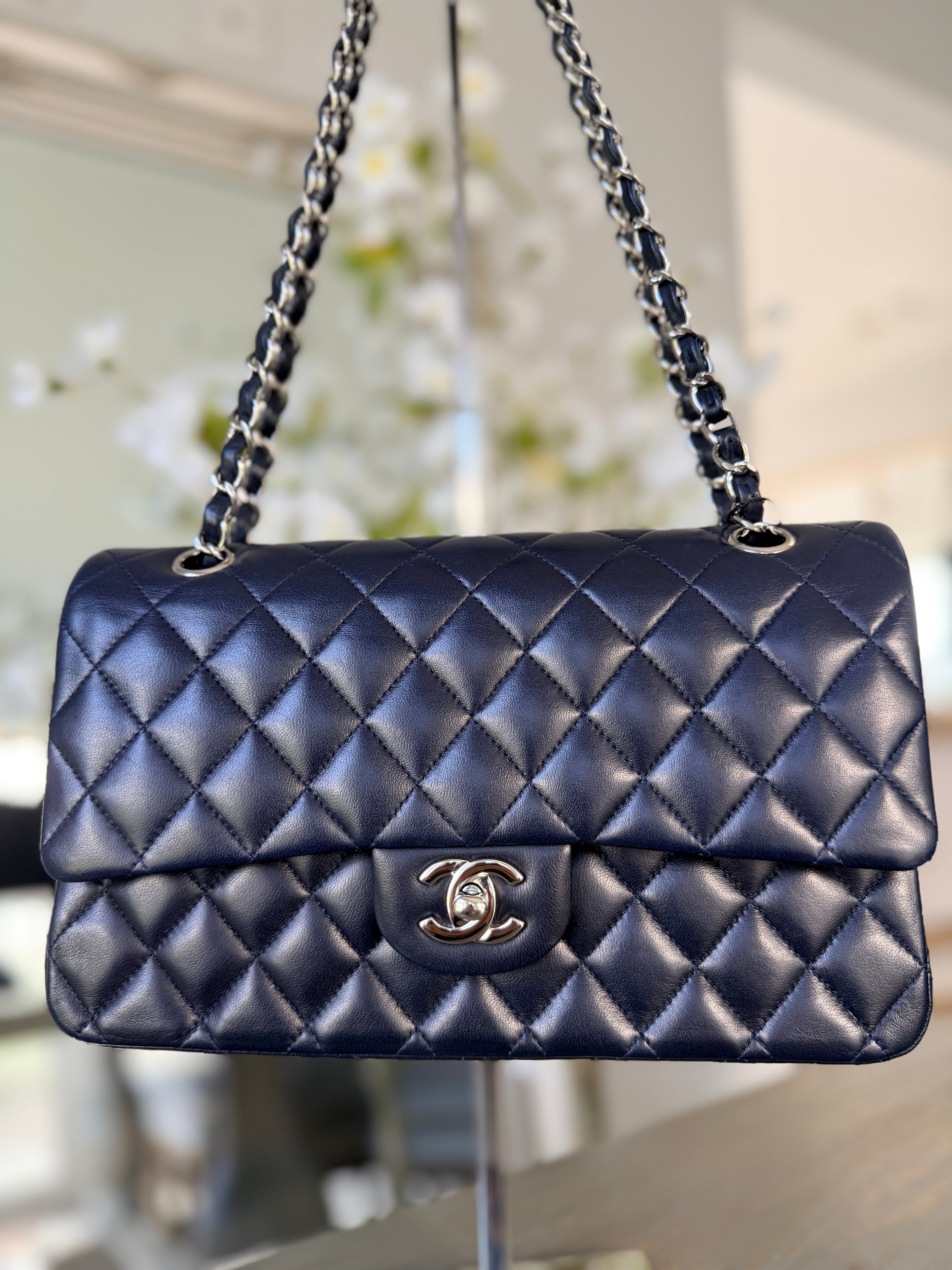 Chanel Medium Double Flap Bag Navy Lambskin Leather Silver Hardware