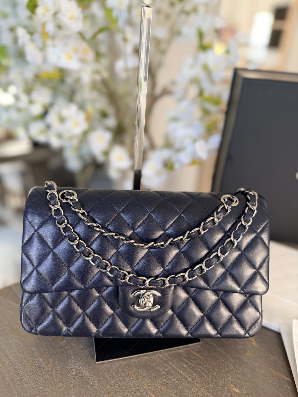 Chanel Medium Double Flap Bag Navy Lambskin Leather Silver Hardware