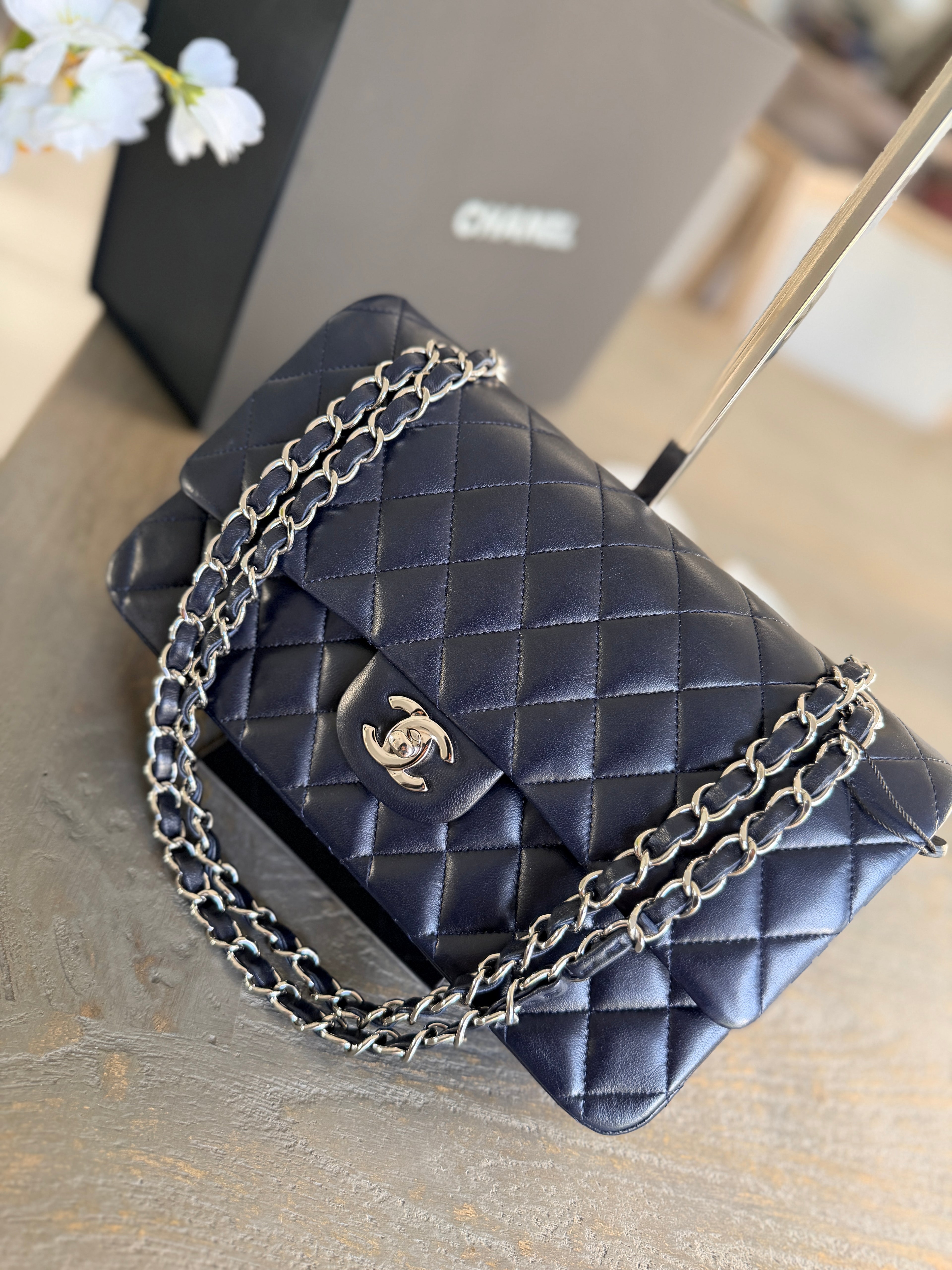 Chanel Medium Double Flap Bag Navy Lambskin Leather Silver Hardware
