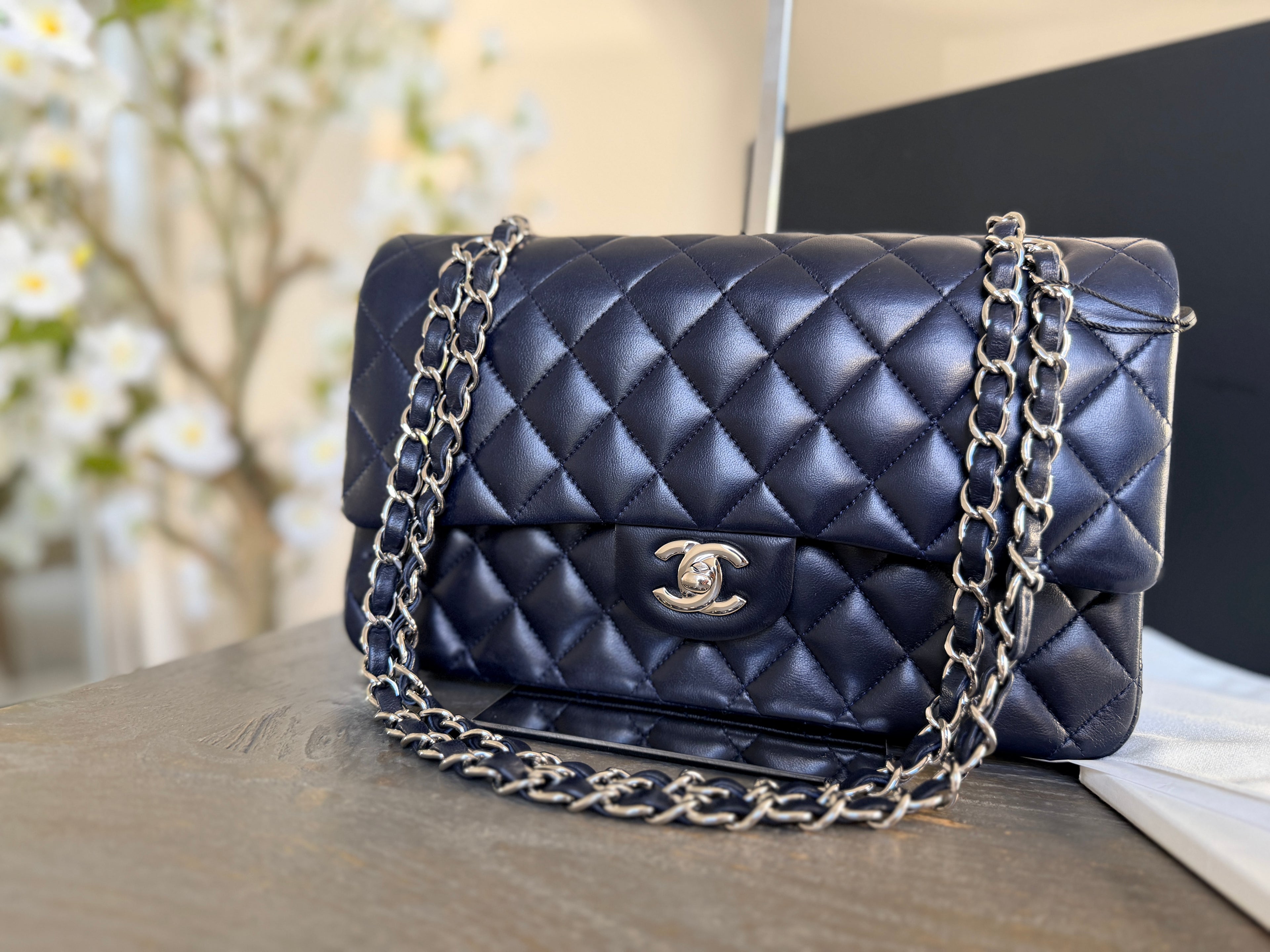 Chanel Medium Double Flap Bag Navy Lambskin Leather Silver Hardware