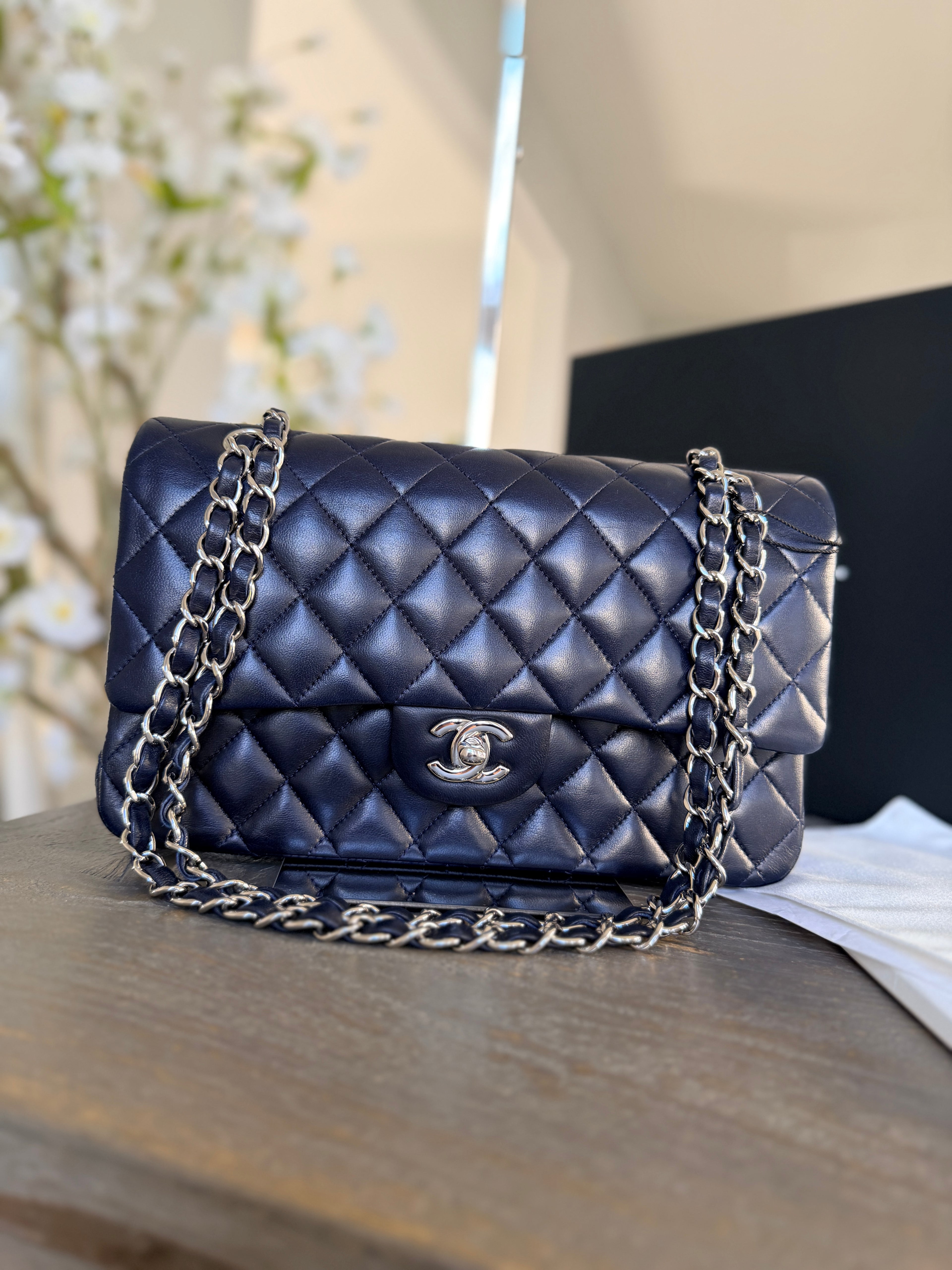 Chanel Medium Double Flap Bag Navy Lambskin Leather Silver Hardware