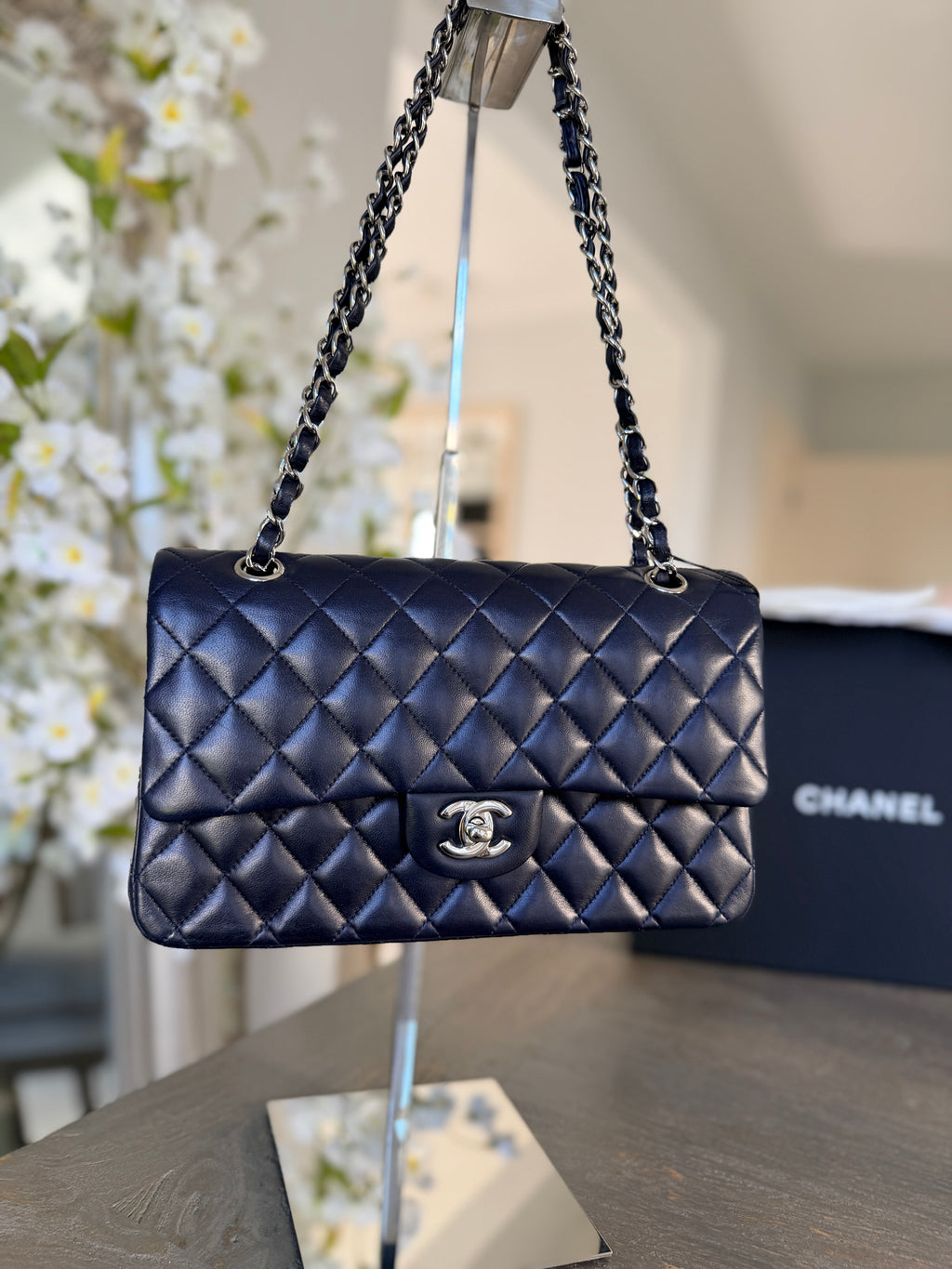Chanel Medium Double Flap Bag Navy Lambskin Leather Silver Hardware