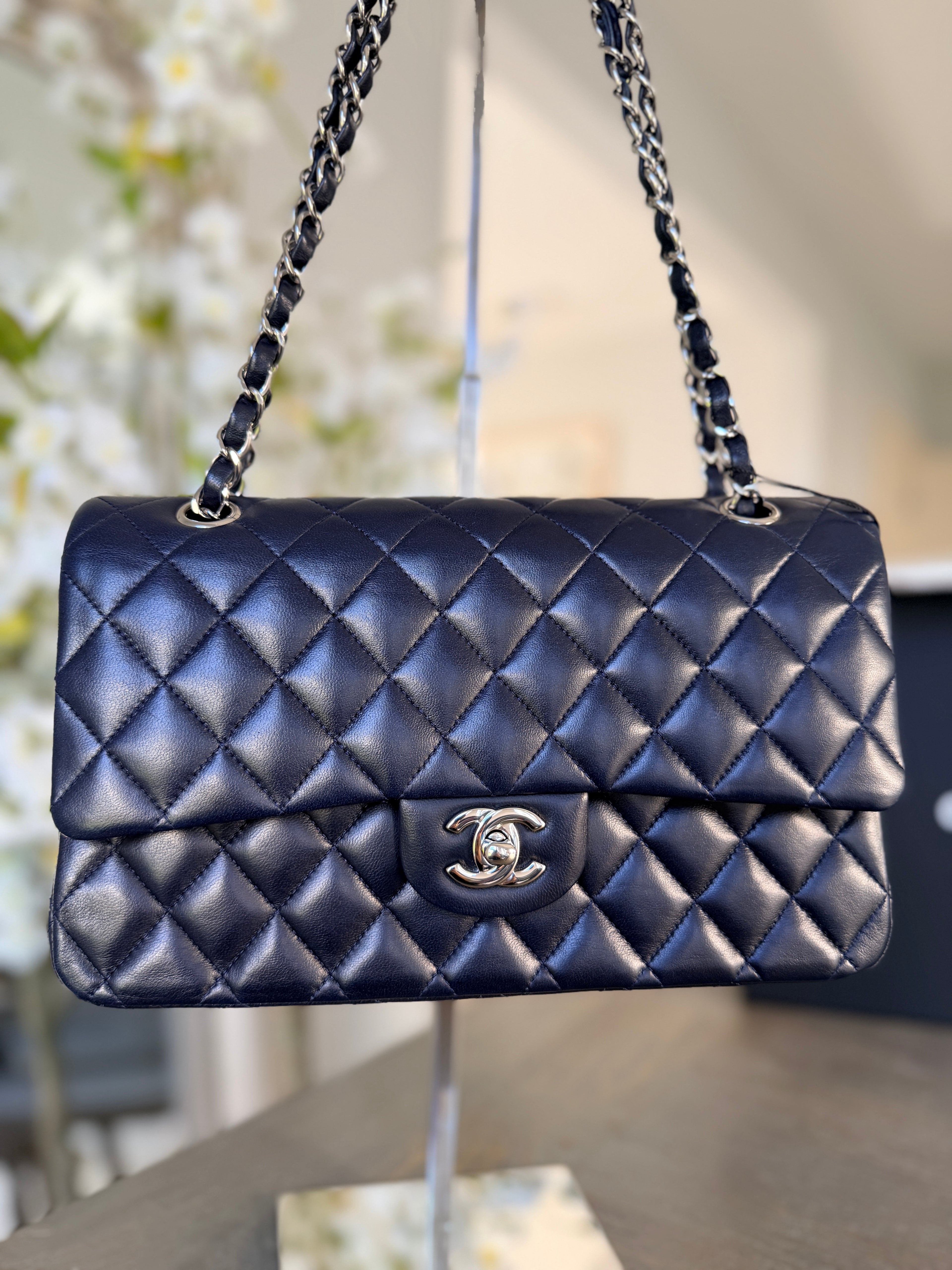Chanel Medium Double Flap Bag Navy Lambskin Leather Silver Hardware