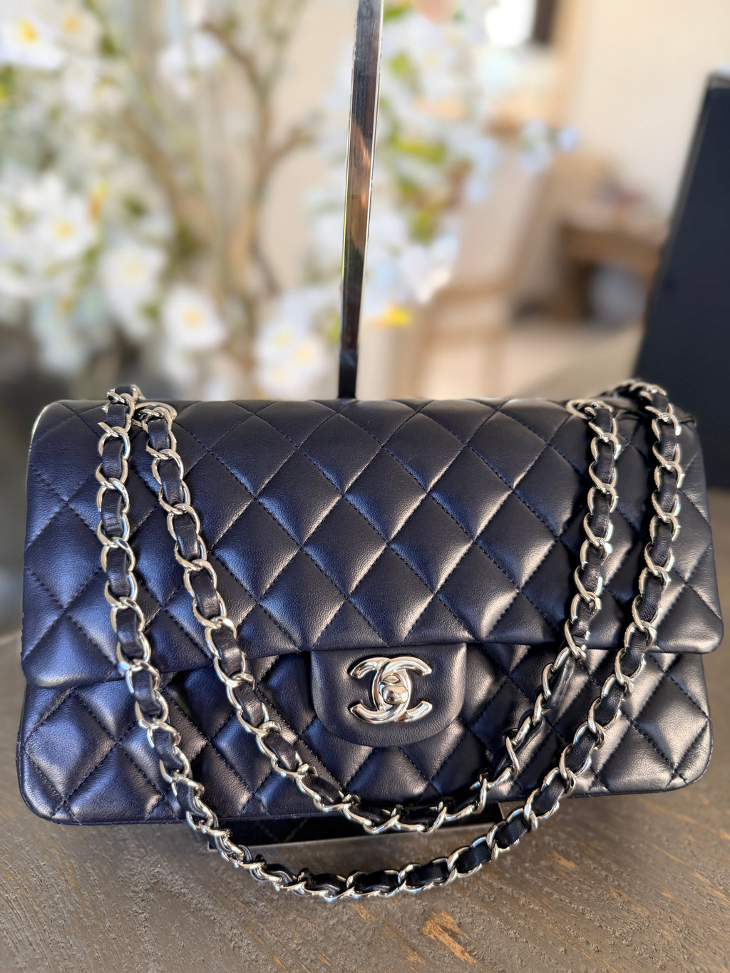 Chanel Medium Double Flap Bag Navy Lambskin Leather Silver Hardware
