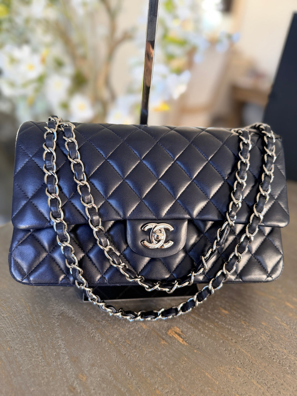Chanel Medium Double Flap Bag Navy Lambskin Leather Silver Hardware