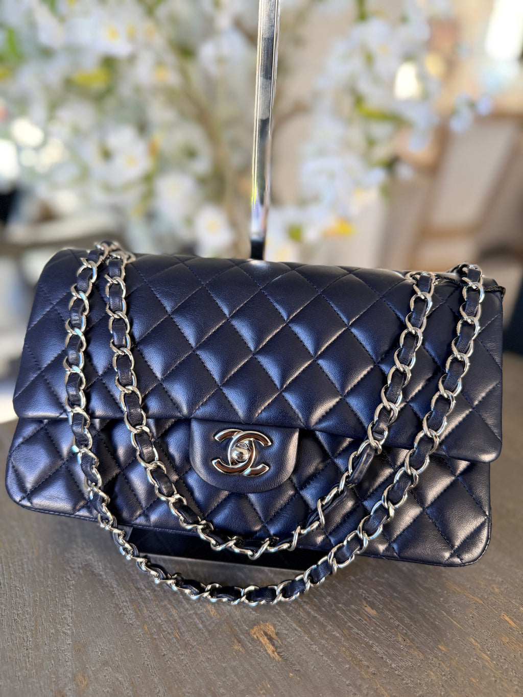 Chanel Medium Double Flap Bag Navy Lambskin Leather Silver Hardware