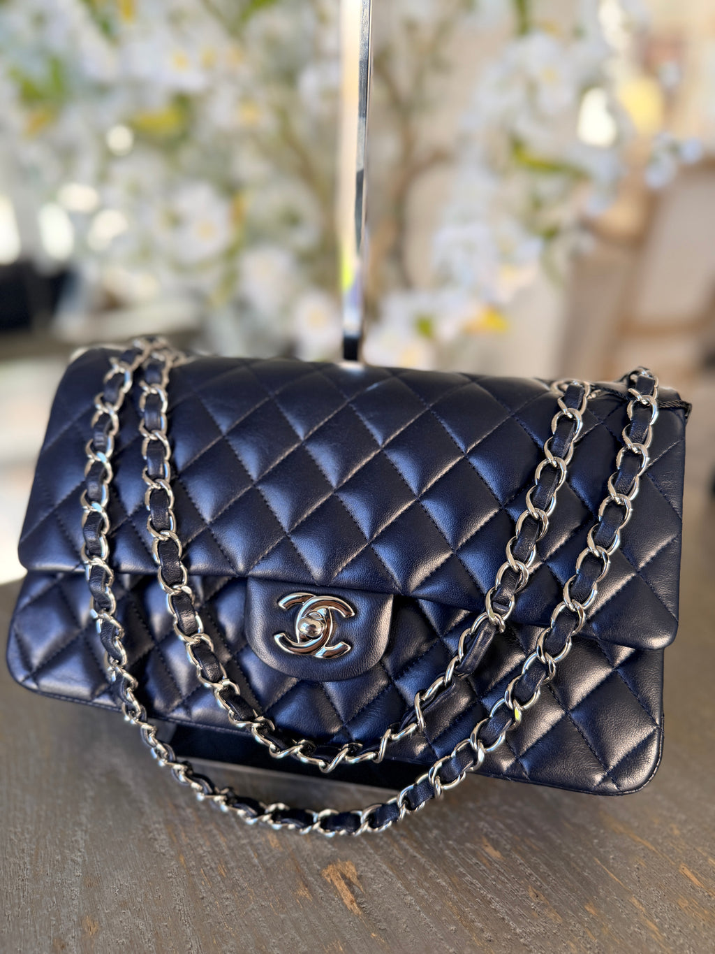 Chanel Medium Double Flap Bag Navy Lambskin Leather Silver Hardware