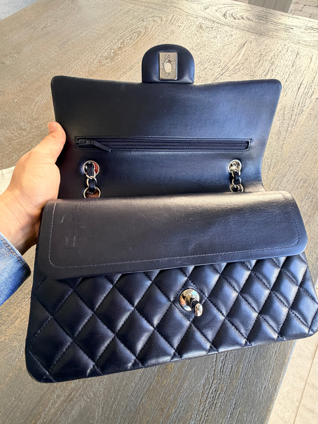 Chanel Medium Double Flap Bag Navy Lambskin Leather Silver Hardware