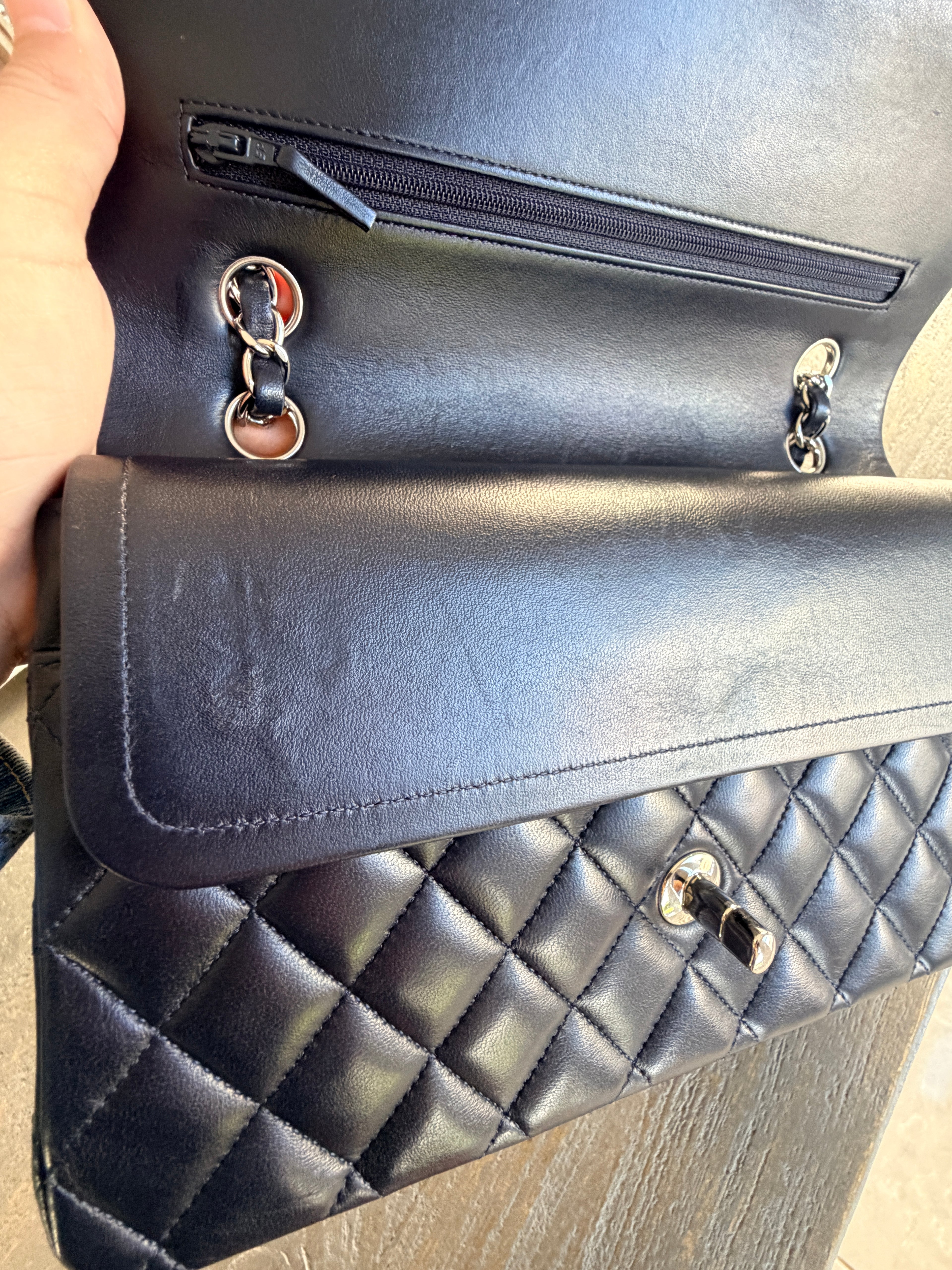 Chanel Medium Double Flap Bag Navy Lambskin Leather Silver Hardware