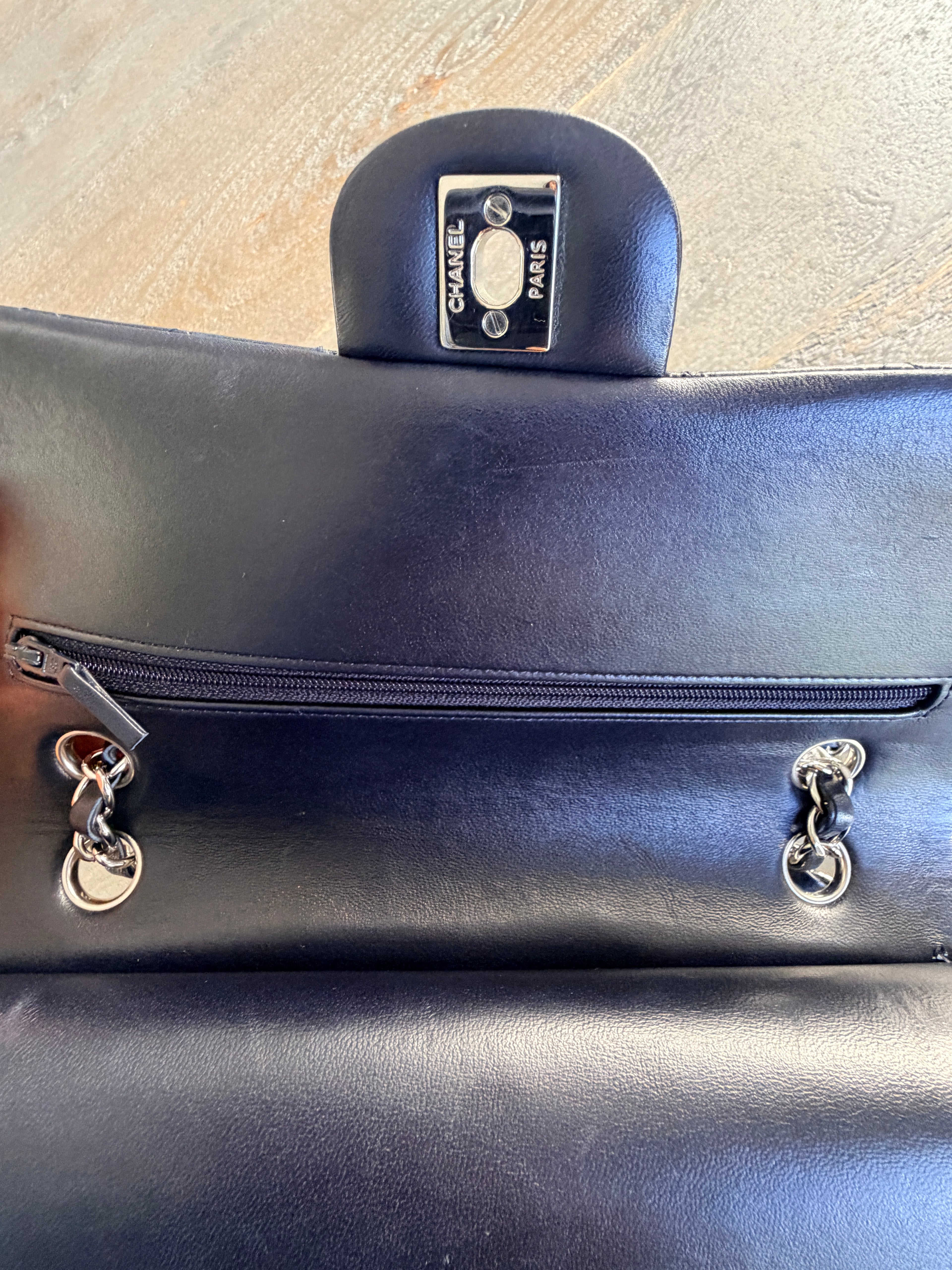 Chanel Medium Double Flap Bag Navy Lambskin Leather Silver Hardware