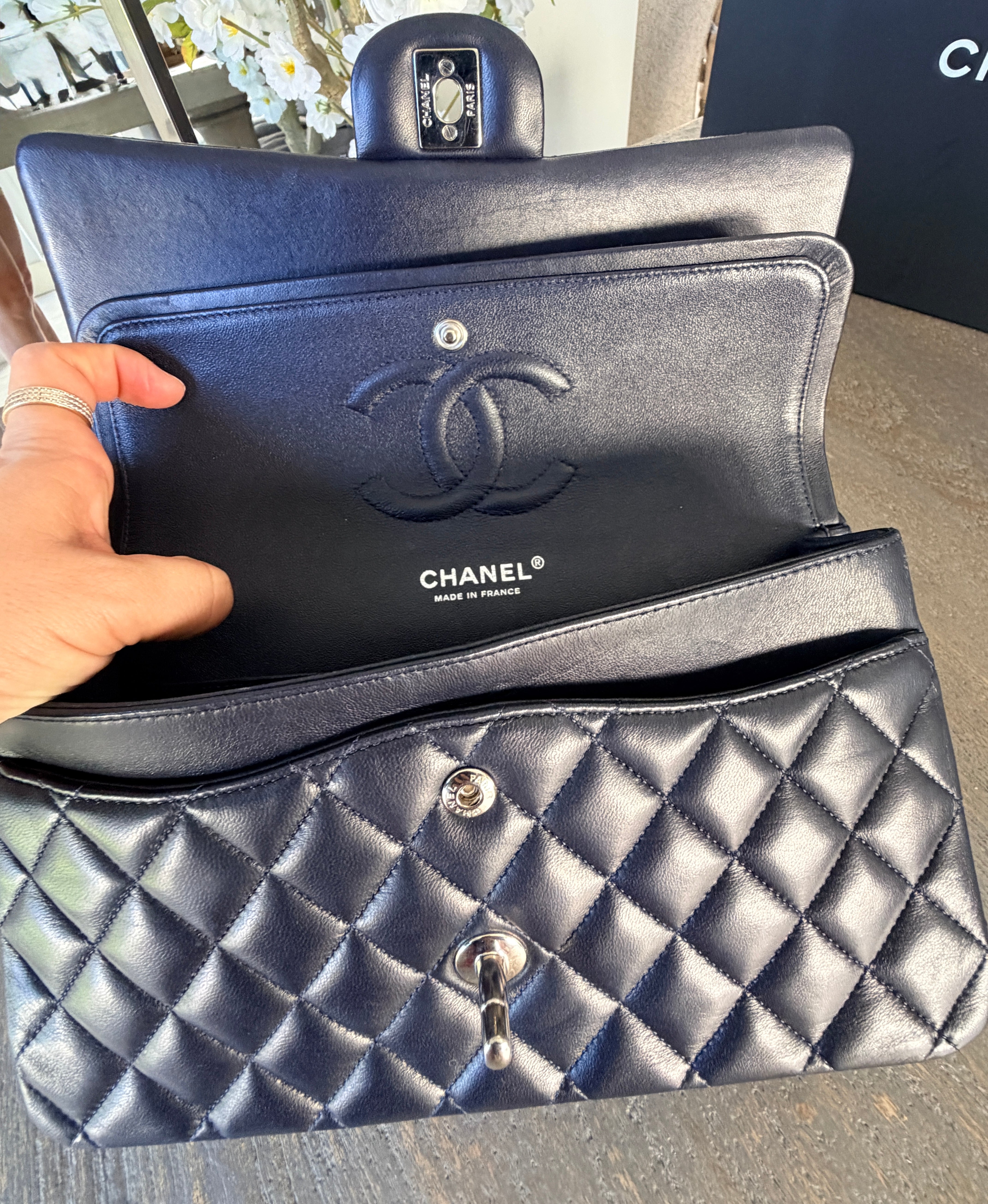 Chanel Medium Double Flap Bag Navy Lambskin Leather Silver
