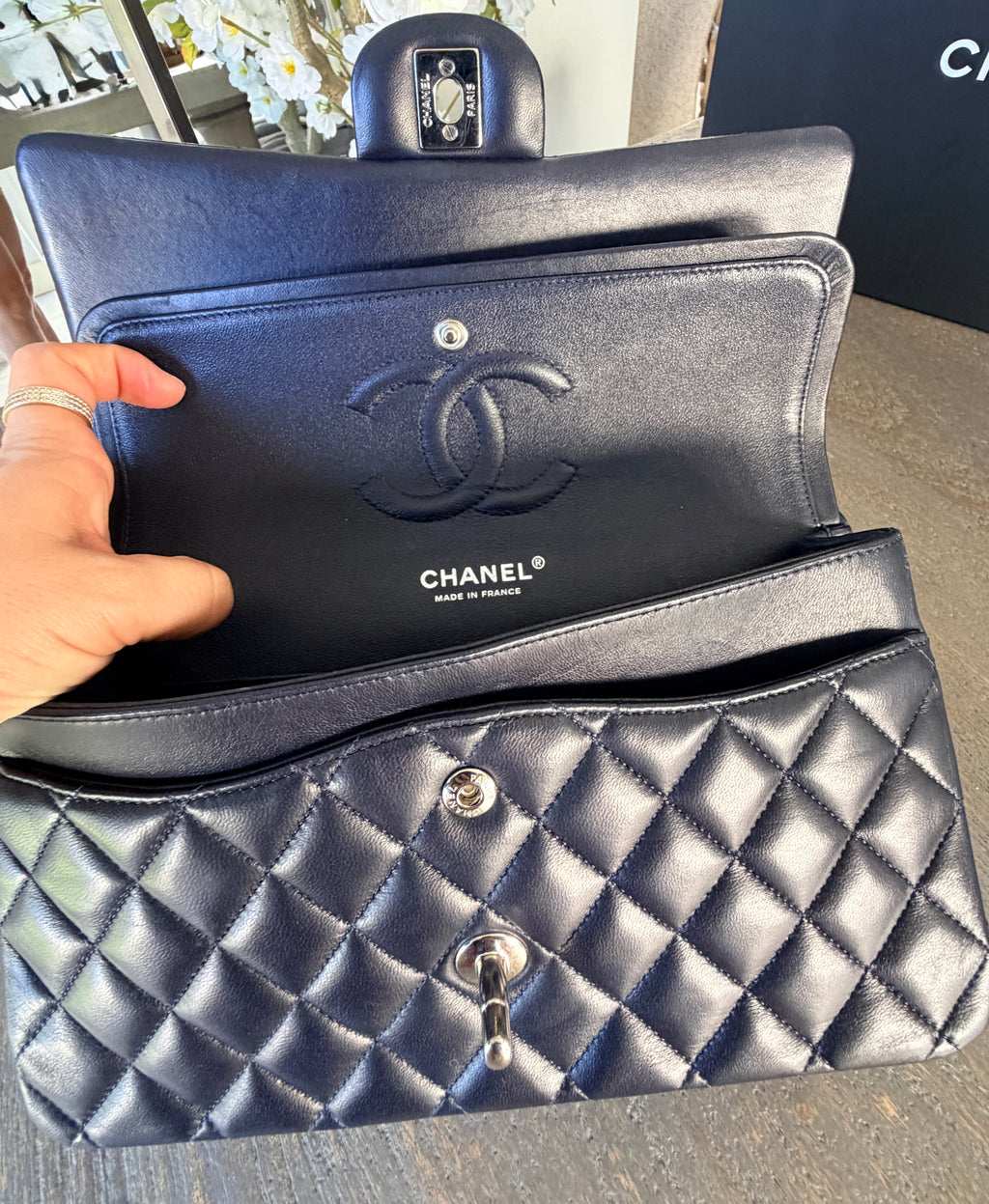Chanel Medium Double Flap Bag Navy Lambskin Leather Silver Hardware