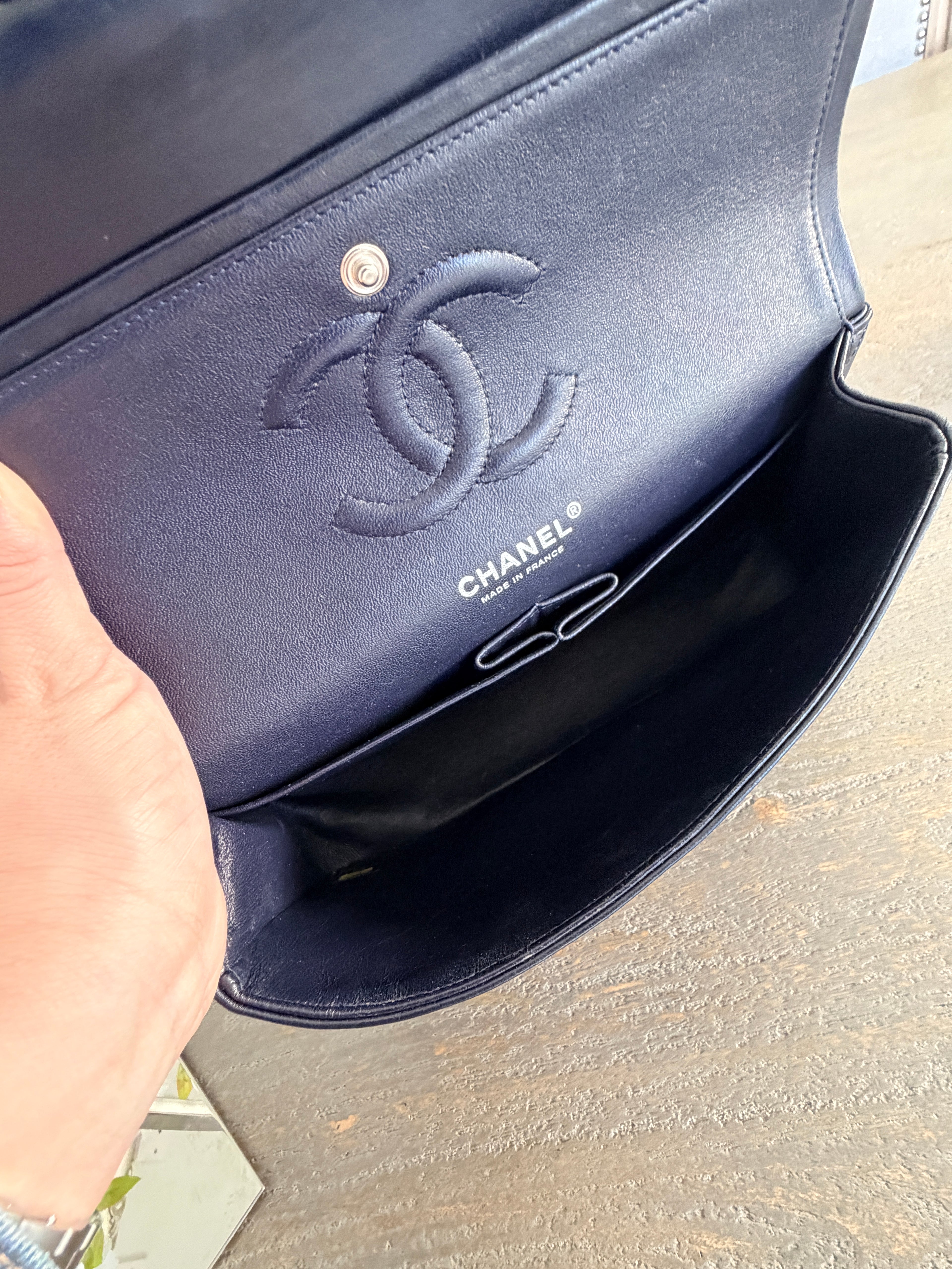 Chanel Medium Double Flap Bag Navy Lambskin Leather Silver Hardware