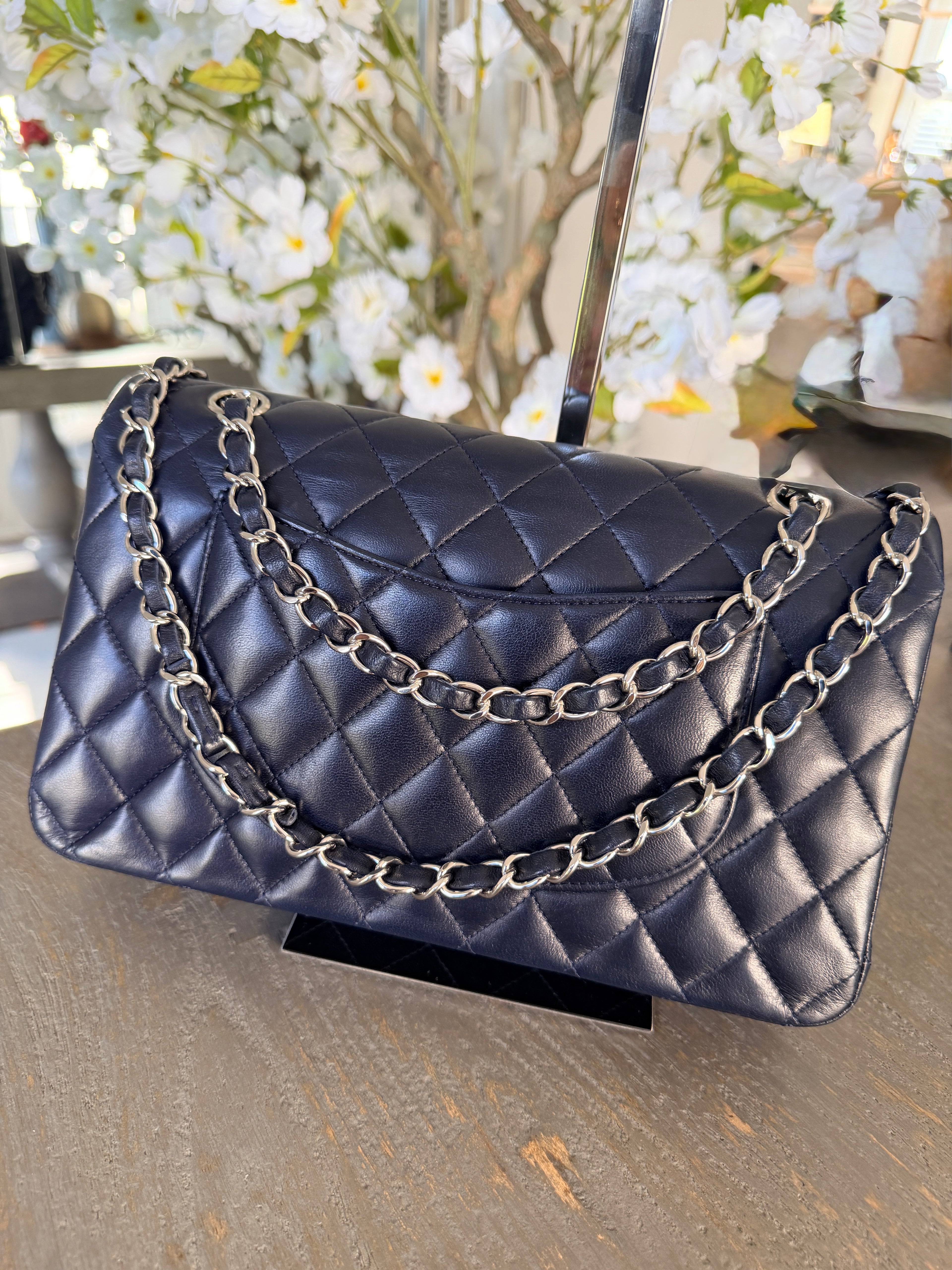 Chanel Medium Double Flap Bag Navy Lambskin Leather Silver Hardware