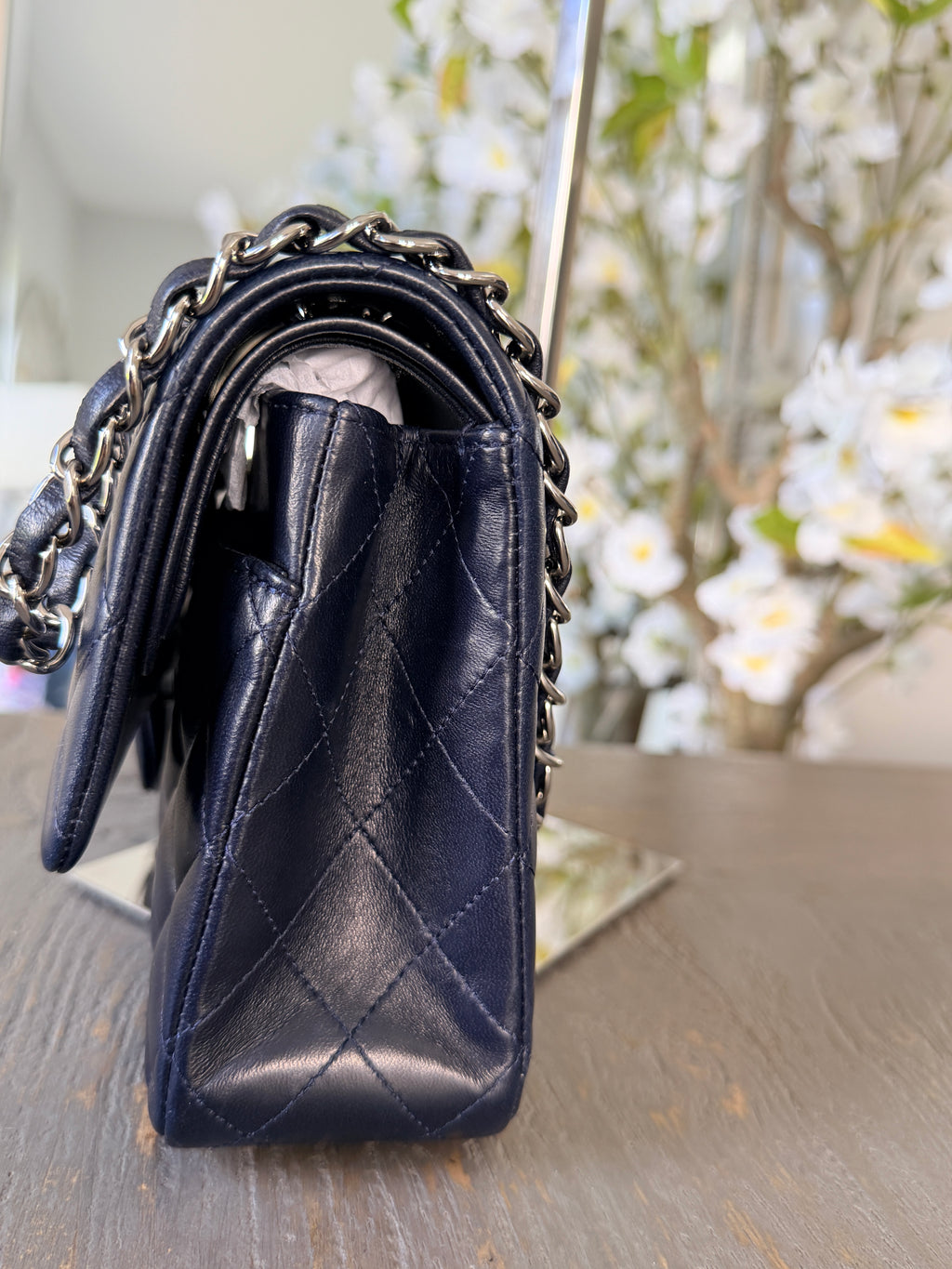 Chanel Medium Double Flap Bag Navy Lambskin Leather Silver Hardware