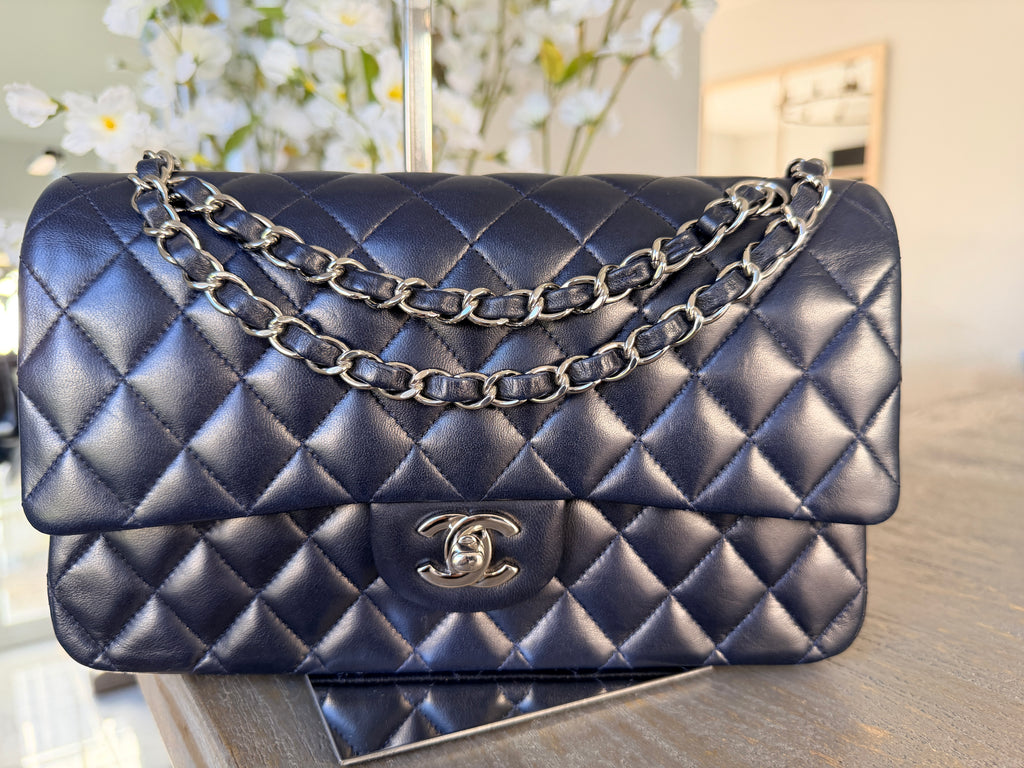 Chanel Medium Double Flap Bag Navy Lambskin Leather Silver Hardware