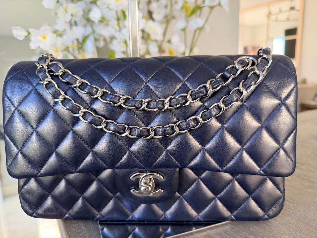 Chanel Medium Double Flap Bag Navy Lambskin Leather Silver Hardware