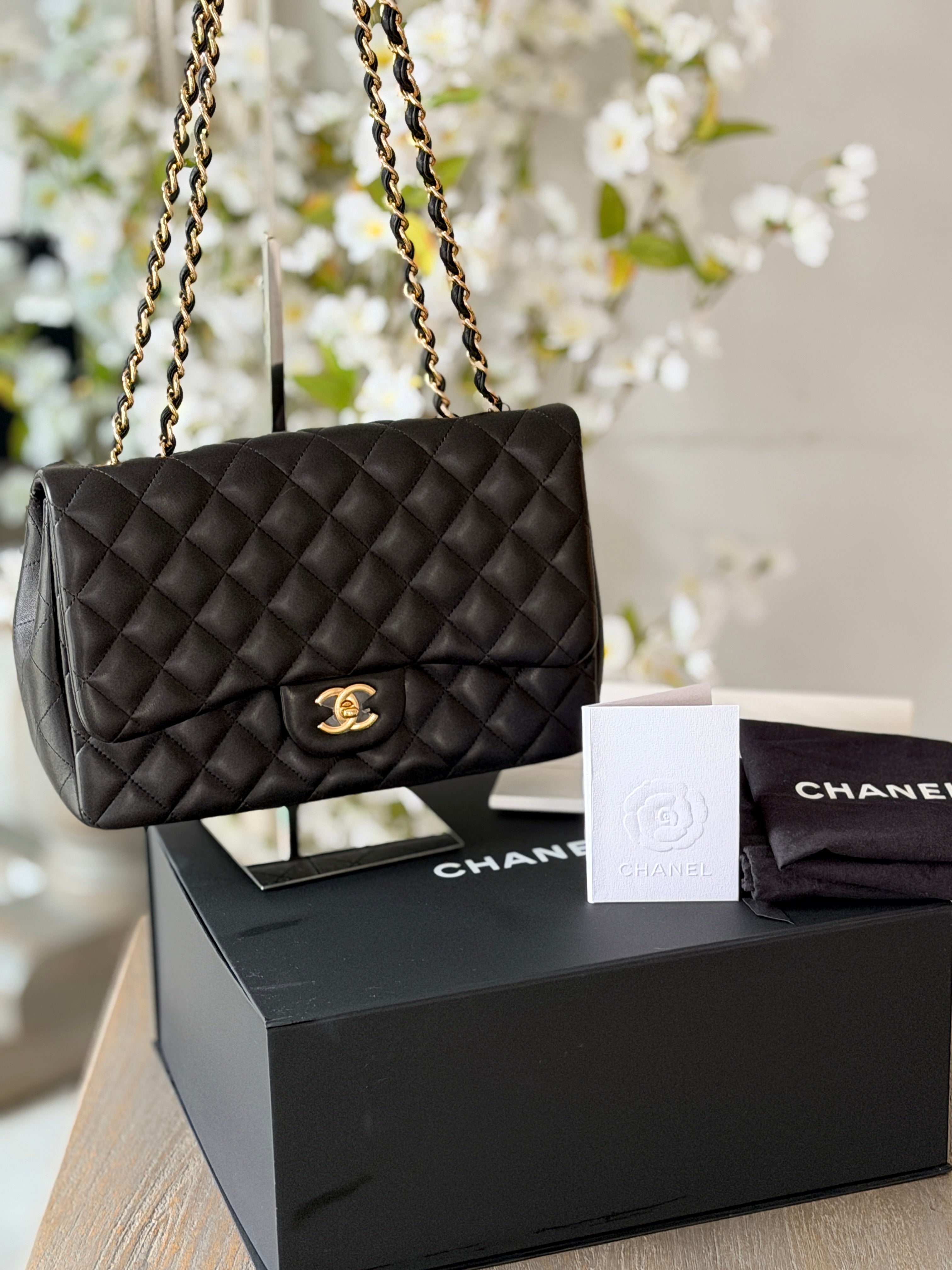 Chanel Jumbo Classic Single Flap Black Lambskin Leather Gold Hardware