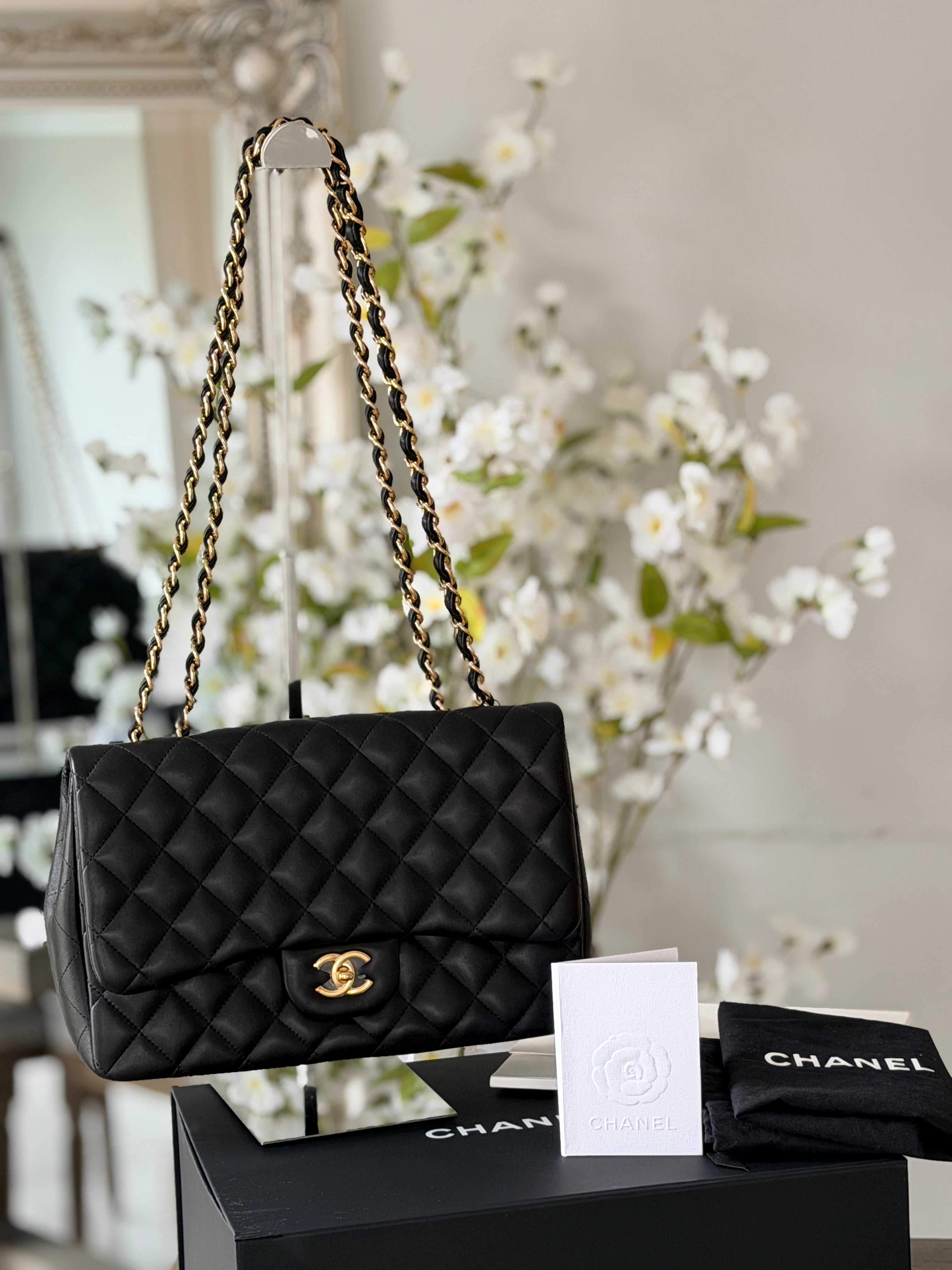 Chanel Jumbo Classic Single Flap Black Lambskin Leather Gold Hardware