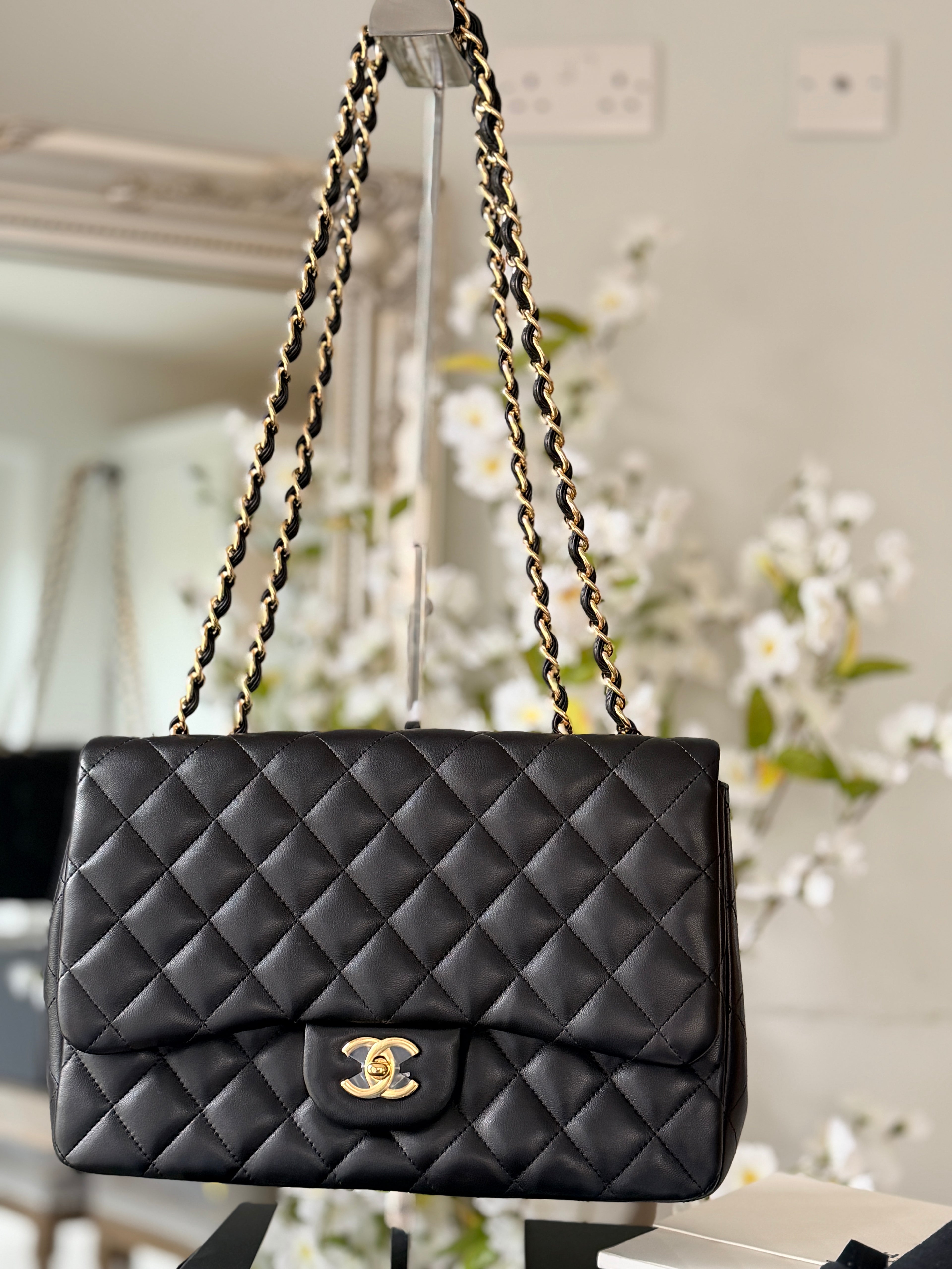 Chanel Jumbo Classic Single Flap Black Lambskin Leather Gold Hardware