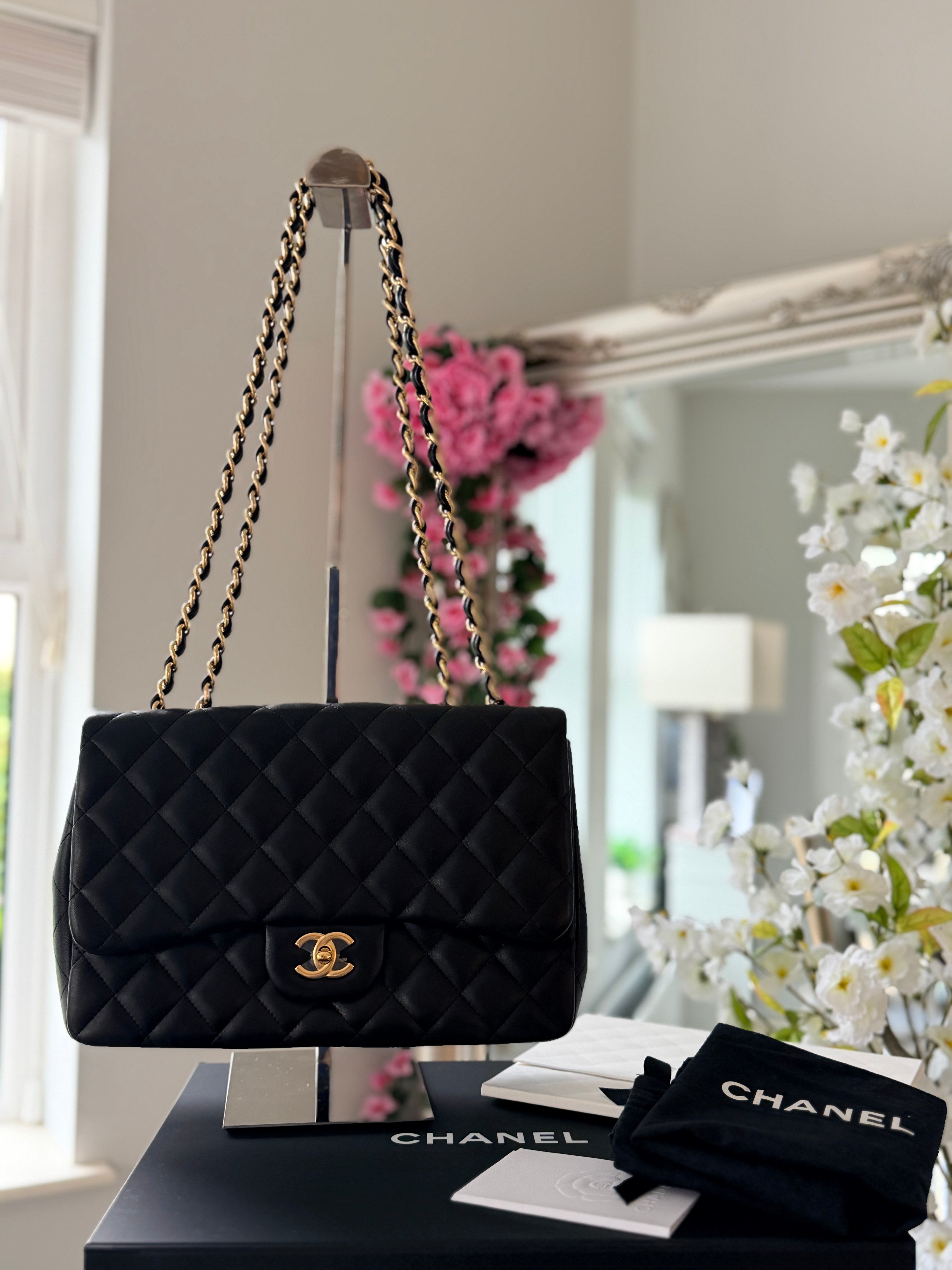 Chanel Jumbo Classic Single Flap Black Lambskin Leather Gold Hardware