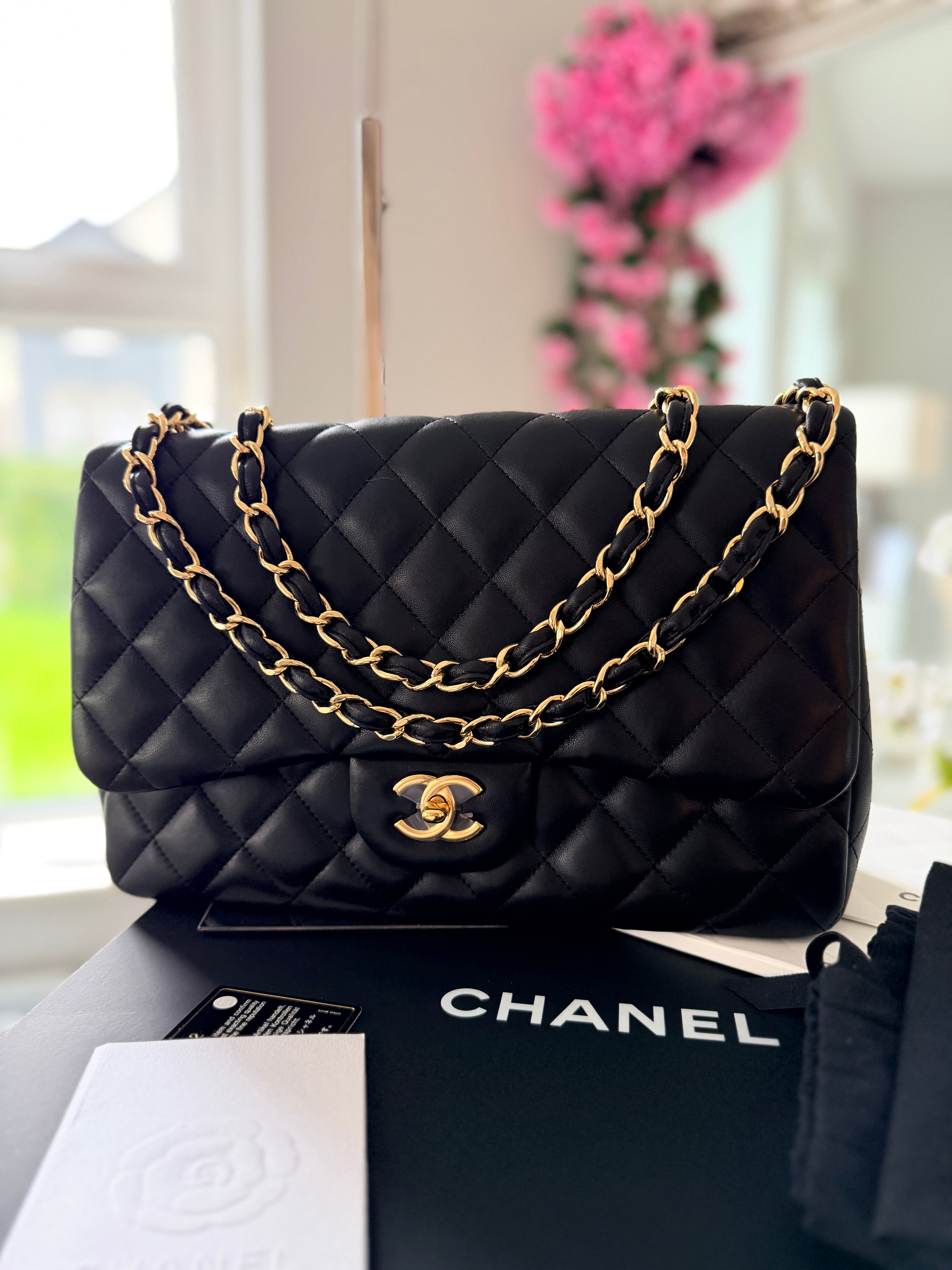 Chanel Jumbo Classic Single Flap Black Lambskin Leather Gold Hardware