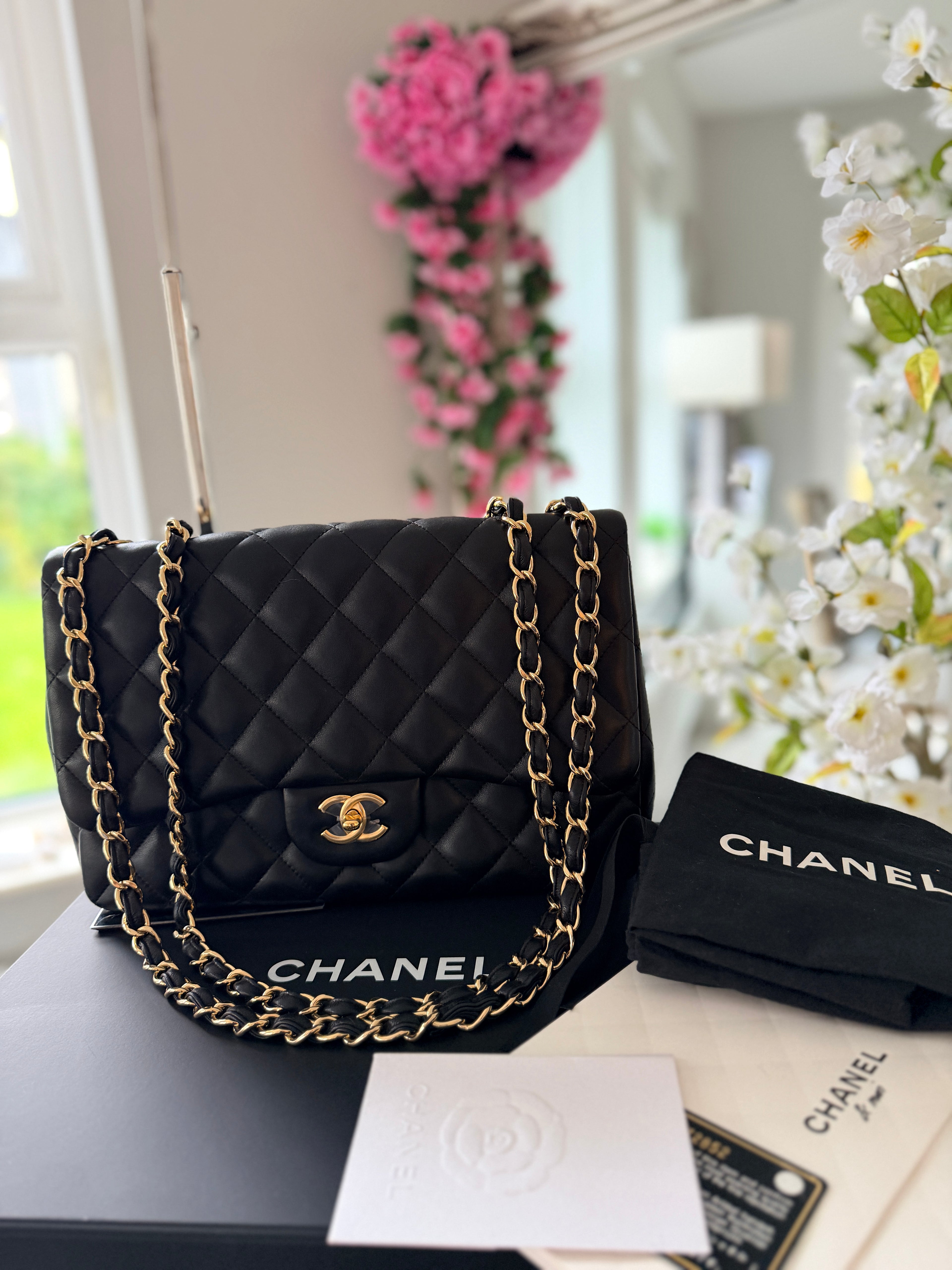 Chanel Jumbo Classic Single Flap Black Lambskin Leather Gold Hardware