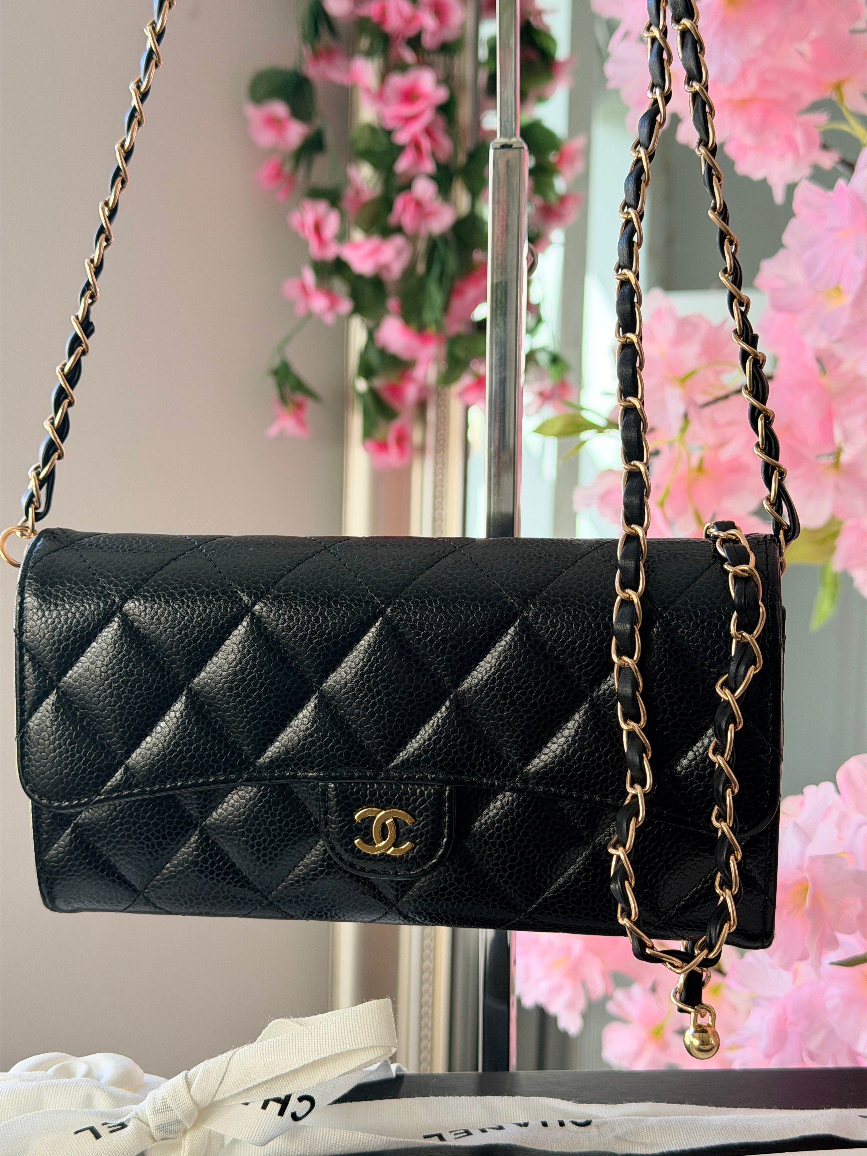 Chanel Long Wallet Black Caviar Leather Gold Hardware