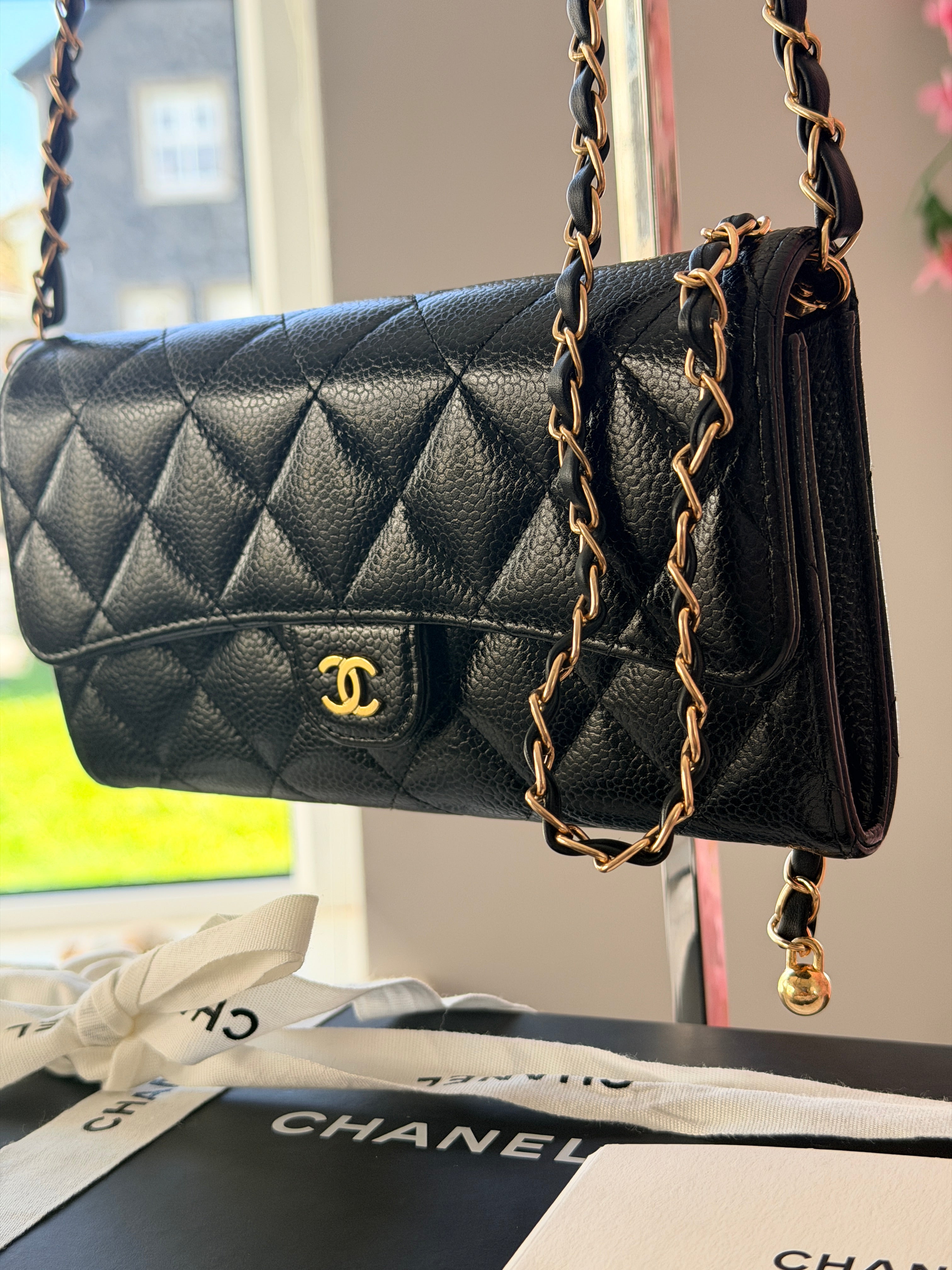 Chanel Long Wallet Black Caviar Leather Gold Hardware