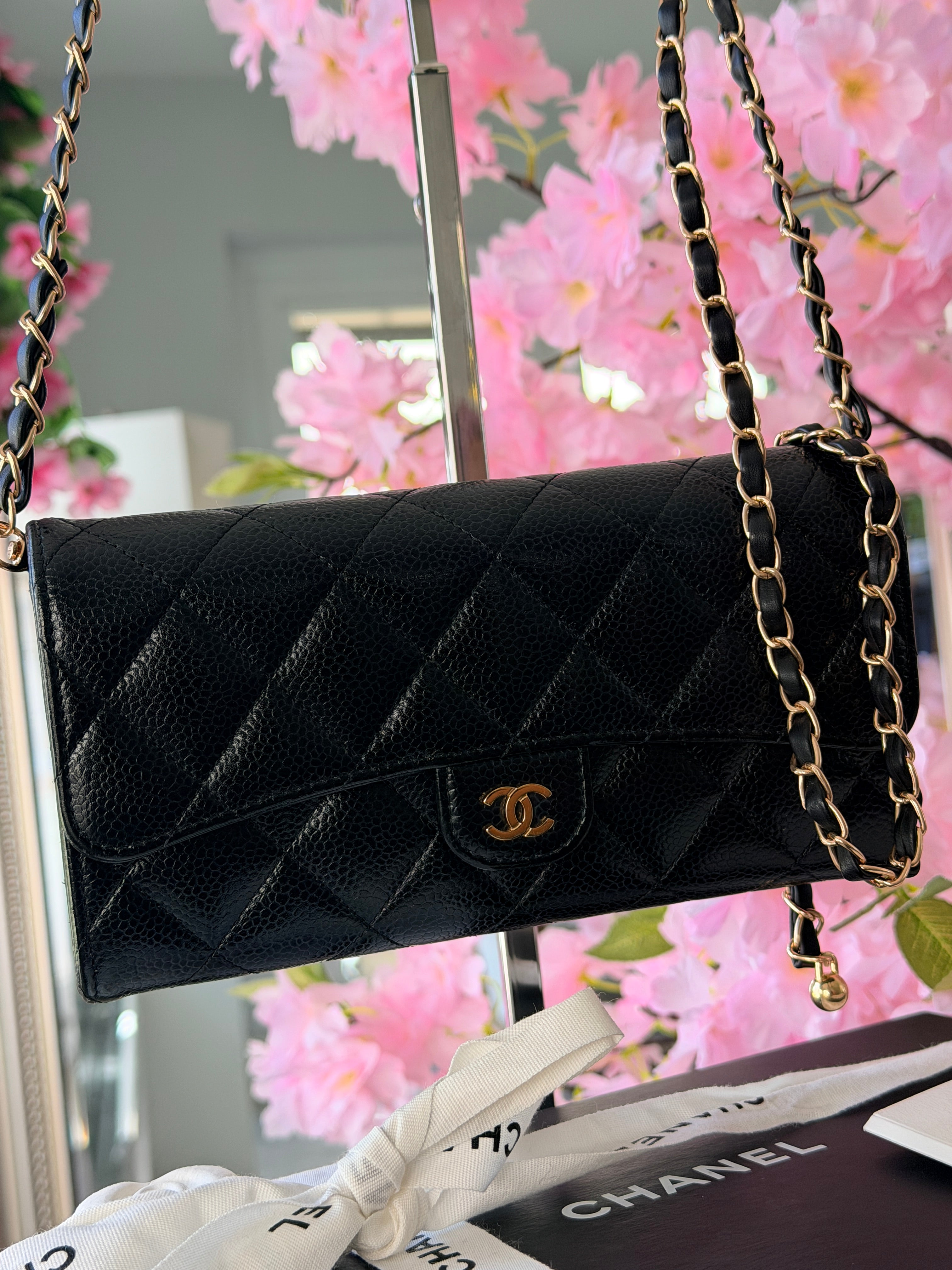 Chanel Long Wallet Black Caviar Leather Gold Hardware