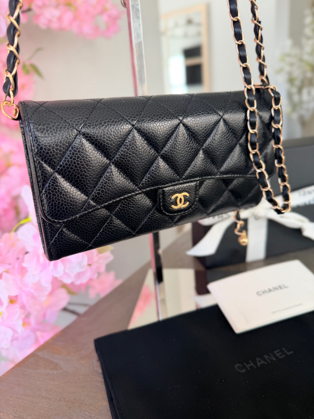 Chanel Long Wallet Black Caviar Leather Gold Hardware