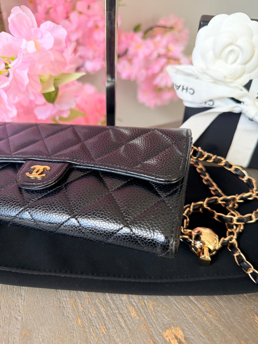 Chanel Long Wallet Black Caviar Leather Gold Hardware
