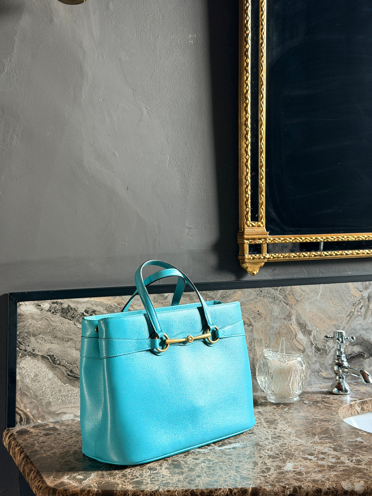 Gucci Horsebit Turquoise Leather Medium Tote Bag