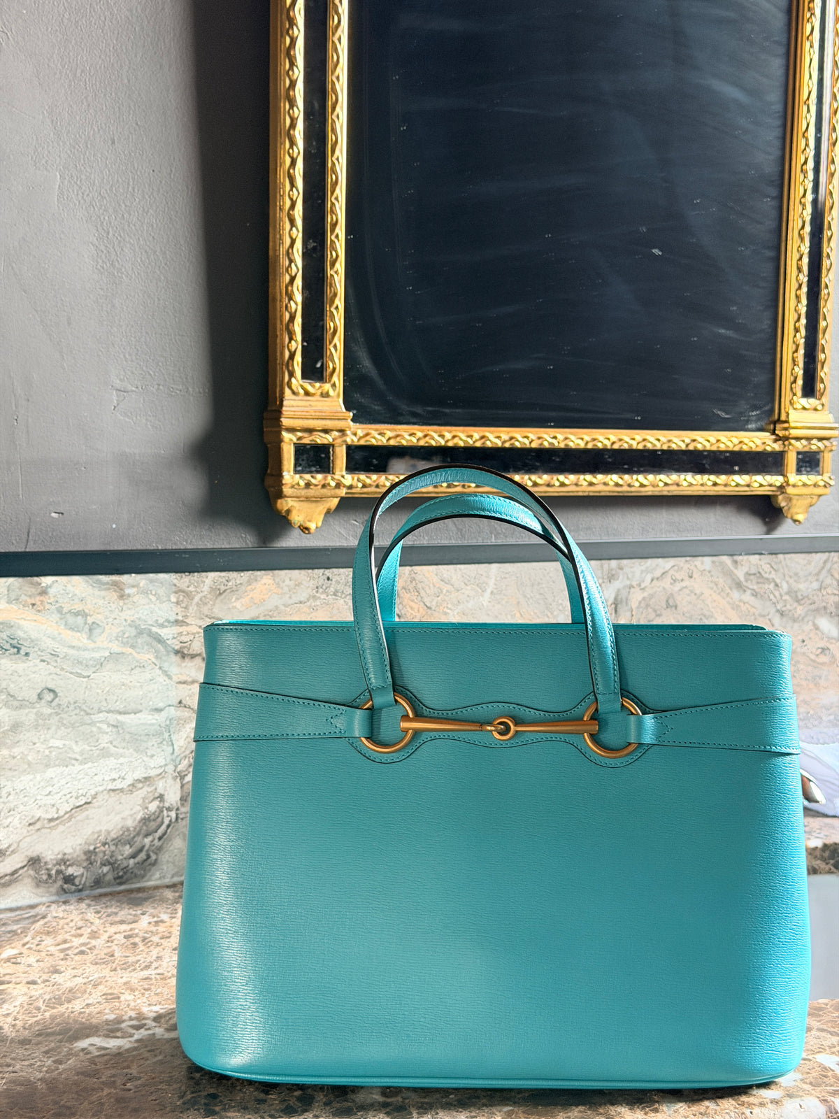 Gucci Horsebit Turquoise Leather Medium Tote Bag